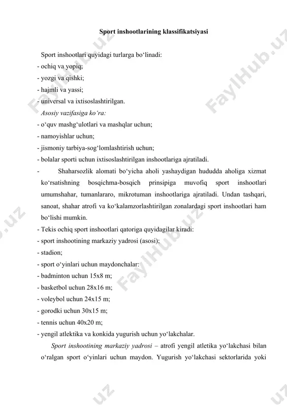‘yinlari uchun mo‘ljallangan maydonchalarning bo‘ylama o‘qi janubdan shimolga yo‘naltirilishiga qat’iy rioya qilish zarur. yopiq sport inshootlari: · sport zallari (tomoshabinlar uchun o‘rinlarsiz) va sport korpuslari; · yopiq tennis kortlari; · yopiq basseynlar; - yaxmalaklar; · sport saroylari; - yopiq stadionlar; - tirlar. nijniy novgorod shahridagi (rossiya)“dinamo” stadi a.gelfond, sport yadrosi: 1 – futbol maydoni; 2 – uzunligi 400 metrga teng yengil atletika yugurish yo‘lkasi; 3 – uzunligi 100 metrga teng yengil atletika yugurish yo‘lkasi; 4 – yadro, bosqon, disk va nayza uloqtirish uchun yengil atletika sektori; 5 – balandlikka sakrash sektori; 6 – uzunlikka va langar bilan balandlikka sakrash sektori; 7 – konkida yugurish uchun uzunligi 400 metrga teng muzli yo‘lak. yopiq sport inshootlarining hajmiy-rejali yechimi sport inshootlari tarkibiga xonalarning uchta guruhi kiradi: - sportchilar uchun xonalar; - tomoshabinlar uchun xonalar; - yordamchi xonalar. sport zallarini ikkinchi qavatdan balandroqda joylashtirmaslik maqsadga muvofiqdir. birinchi qavatda, odatda, og‘ir atletika, yengil atletika, futbol, …