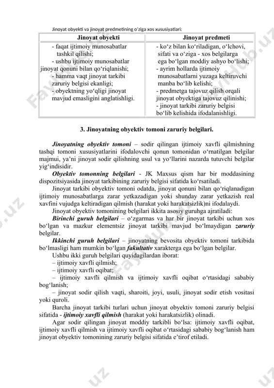 3-modda), zarar koʻrmasligi ham mumkin (jk 177-modda). jinoyat predmeti belgilari: - koʻz bilan koʻriladigan, oʻlchovi, sifati va oʻziga-xos belgilarga ega boʻlgan moddiy ashyo boʻlishligi; - shaxs predmetga tajovuz qilish orqali jinoyat obyektiga zarar yetkazishi (mas:oʻgʻrilik jinoyatida: pulni oʻgʻirlash orqali shaxsning mulk huquqiga tajovuz qiladi. ushbu holatda pul - jinoyat predmeti, mulk huquqi esa - jinoyat obyekti boʻlib hisoblanadi); - jinoyat predmeti ayrim jinoyat tarkiblarida mavjud boʻlmasligi (mas: qasddan odam oʻldirish jinoyatida inson tana aʼzolari – jinoyat predmeti sifatida qabul qilinmaydi). jinoyat obyekti va jinoyat predmetining oʻziga xos xususiyatlari: jinoyat obyekti jinoyat predmeti - faqat ijtimoiy munosabatlar tashkil qilishi; - ushbu ijtimoiy munosabatlar jinoyat qonuni bilan qoʻriqlanishi; - hamma vaqt jinoyat tarkibi zaruriy belgisi ekanligi; - obyektning yoʻqligi jinoyat mavjud emasligini anglatishligi. - koʻz bilan koʻriladigan, oʻlchovi, sifati va oʻziga - xos belgilarga ega boʻlgan moddiy ashyo boʻlishi; - ayrim hollarda ijtimoiy munosabatlarni yuzaga keltiruvchi manba boʻlib kelishi; - predmetga tajovuz …