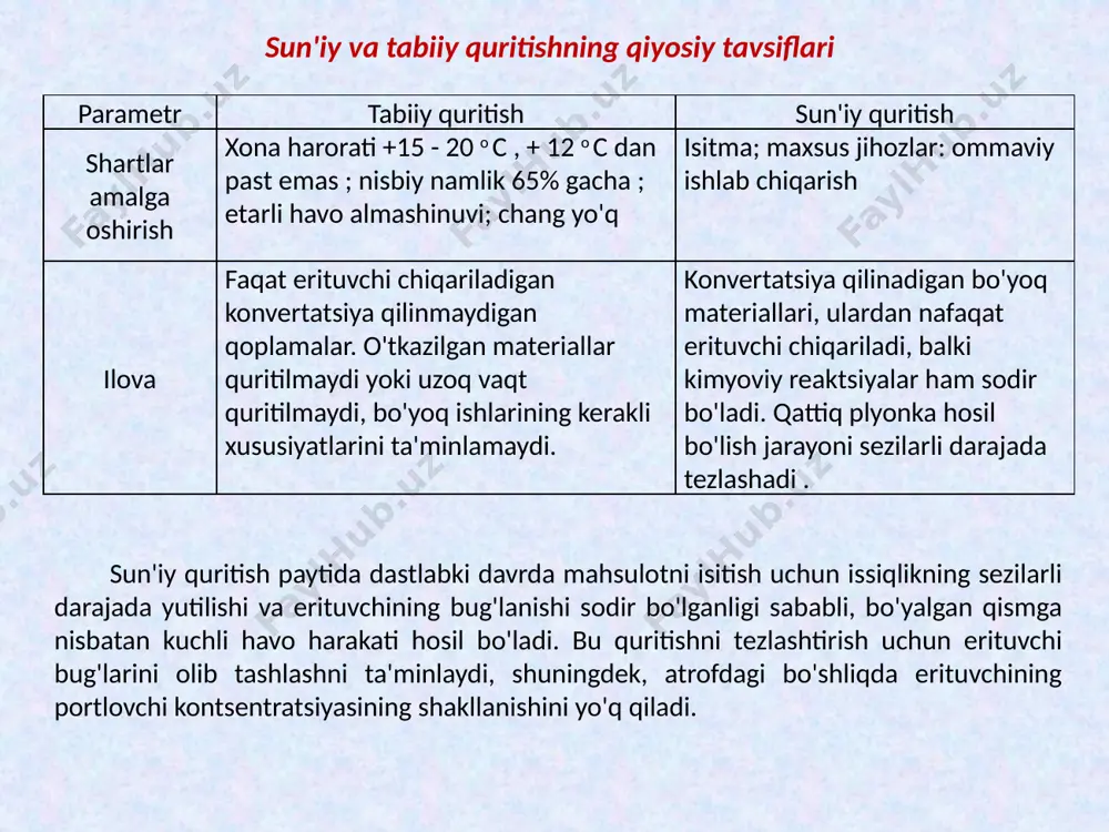 oq materiali uchun alohida tanlanadi. quritish moslamalari davriy bo'lishi mumkin ( o'lik kameralar ) yoki doimiy (o'tish kameralari) (1, 2-rasm). havo issiqlik izolatsiyasi havo tarqatuvchi muxlis isitgich havo filtr guruch. 1. quritish kamerasi davriy harakat i ii iii erituvchining bug'lanishi, qizdirilishi gacha tafsilotlar t , o c , quritish reaktsiyaning borishi t , o c , quyida sovutish konveyer guruch. 2. quritish kamerasidan o'tish doimiy harakat = const tomonidan texnologiyalar  miqdori =  harakat +  pauza l = v ; v = l/ bug ', gaz, elektr energiyasi harakatlanuvchi qurilma turiga ko'ra, o'tish kameralari bitta zanjirli , trolleybusli va rulonli konveyerga bo'linadi. harakatlanuvchi qurilmaning harakati uzluksiz yoki pulsatsiyalanuvchi. uzluksiz harakat kameralarida quyidagi zonalar ajratiladi: hal qiluvchi bug'lanishi (harorat va havo almashinuvining oshishi, qisqa vaqt); reaktsiya (reaksiyalar yuzaga keladi, harorat birinchi zonaga qaraganda pastroq, lekin jarayonning davomiyligi ancha uzoqroq); sovutish (hech qanday termal zarba bo'lmasligi uchun ). termoradiatsion quritish …