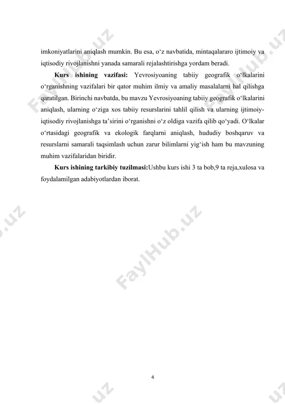 z ichiga yevropa va osiyo qismlarini oladi. bu qit'a o‘zining tabiiy geografik o‘lkalari bilan turli xil landshaftlarga ega bo‘lib, ularning har biri o‘ziga xos tabiiy xususiyatlarga, iqlimga va tabiiy resurslarga ega. yevrosiya tabiiy geografik o‘lkalari tizimi geografiya va ekologiya sohalarida muhim o‘rin tutadi, chunki bu o‘lkalarning har biri o‘zining maxsus tabiiy sharoitlari, ekologik xususiyatlari[footnoteref:2] va inson faoliyatiga ta'siri bilan ajralib turadi. ushbu o‘lkalarning o‘rganilishi yevrosiyaning tabiiy resurslarini samarali boshqarish va rivojlantirish uchun muhim ahamiyatga ega.yevrosiyaning tabiiy geografik o‘lkalari umumiy ravishda iqlim, landshaft, geologik tuzilish, fauna va flora kabi omillarga asoslanadi. bu o‘lkalarning har biri o‘ziga xos tabiiy jarayonlar va ekologik tizimlarga ega bo‘lib, inson faoliyati uchun turli imkoniyatlar va cheklovlar yaratadi. shu bilan birga, yevrosiyaning tabiiy geografik o‘lkalari hududdagi ijtimoiy va iqtisodiy hayotga, shuningdek, tabiatni muhofaza qilish masalalariga katta ta'sir ko‘rsatadi. [2: akramov z. m. o’zbekiston respublikasi iqtisodiy va ijtimoiy geografiyasi o’quv dasturi. t.,2021-yil.] 1. yevrosiyaning tabiiy geografik o‘lkalari tizimi …