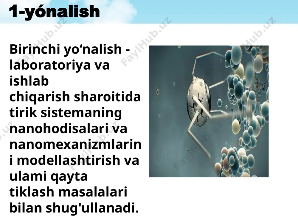 fikrlaricha, nanobakteriyalar har xil kasalliklarni keltirib chiqarishlari mumkin va shuning uchun ham o‘ta xavrlidir. test 1. hozirda nanobiotexnologiyani rivojlantirishda nechta asosiy yo'nalish shakllangan? a.1 ta. b.2 ta. d.3 ta 2.juda kichik mikroorganizmni ajratib olgan va unga na- nobakteriya deb nom bergan olim kim? a.kekule. b.r.guk. d.kayander 3.nanobakteriyaning uzunligi necha nm bo'ladi? a.20-150. b.40-300. d.200-1500 4.avstriyalik tadqiqotchilar mikroblarga o'xshatib o'zlari kuzatgan strukturani nima deb ataganlar? a.nanohujayra b.nanobamlar. d.mikrobamlar. 5.nanobamlar nimalarni o'zlari sintez qilmaydi? a.aminokislota va yog' kislotalar b.oqsillar d.efirlar va mineral moddalar. 6.nanobamlar faqat qanday holatdagina ko'payishi mumkin? a.yakka holatda. b.issaiq havo ta'sirida. d.guruhlarga birhlashgan holda. 7.kimning taklif qilgan konsepsiyasiga asosan nanobamlarni tirik deb tan olishga majbur bo'lishadi? a.kayander. b.trolland-myuller. d.aristotel. 8.bioanaloglar nima? a.bakteriya virus sodda hayvonlar asosida o'z-o'zini ishlab chiqara oladigan sistemalar. b.nanobirikmalar. d.nanobamlar. 9.avstriyalik geologlar kuzatgan ipsimon jonivorlarni uzunligi qancha bo'lgan? a.15-150nm. b.20-128nm. d.25-220nm. 10.ularning ko'rinishi ninani eslatgan? a.hajayrani. b.ninachilarni. d.zamburug' iplarini. thank you image7.jpeg image8.jpeg image9.jpeg image10.jpeg image11.jpeg …