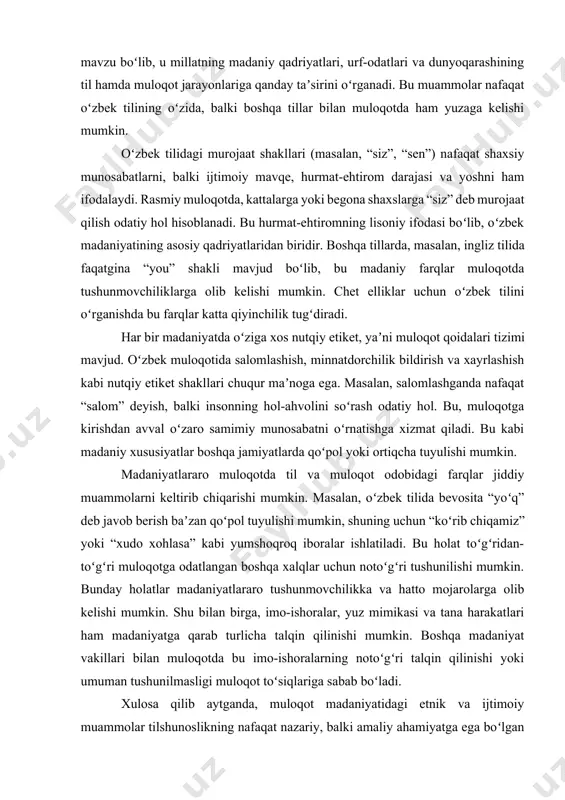 i muloqotga odatlangan boshqa xalqlar uchun notoʻgʻri tushunilishi mumkin. bunday holatlar madaniyatlararo tushunmovchilikka va hatto mojarolarga olib kelishi mumkin. shu bilan birga, imo-ishoralar, yuz mimikasi va tana harakatlari ham madaniyatga qarab turlicha talqin qilinishi mumkin. boshqa madaniyat vakillari bilan muloqotda bu imo-ishoralarning notoʻgʻri talqin qilinishi yoki umuman tushunilmasligi muloqot toʻsiqlariga sabab boʻladi. xulosa qilib aytganda, muloqot madaniyatidagi etnik va ijtimoiy muammolar tilshunoslikning nafaqat nazariy, balki amaliy ahamiyatga ega boʻlgan yoʻnalishlaridan biridir. bu muammolarni oʻrganish orqali turli madaniyatlar vakillari oʻrtasidagi oʻzaro tushunishni yaxshilash, nizolarning oldini olish va samarali muloqotni yoʻlga qoʻyish imkoniyati yaratiladi. tadqiqot metodologiyasi va amaliy ahamiyati – bu etnolingvistika sohasidagi har qanday ilmiy ishning ajralmas qismidir. u tadqiqotning qanday usullar yordamida olib borilishini va olingan natijalarning jamiyat uchun amaliy qiymatini belgilaydi. bu yondashuv til va madaniyat oʻrtasidagi chuqur aloqalarni oʻrganishga qaratilgan boʻlib, tilshunoslik, sotsiologiya va antropologiya kabi fanlarning kesishmasida turadi. etnolingvistik tadqiqotlar turli manbalar va usullarga asoslanadi. dalalararo tadqiqotlar …