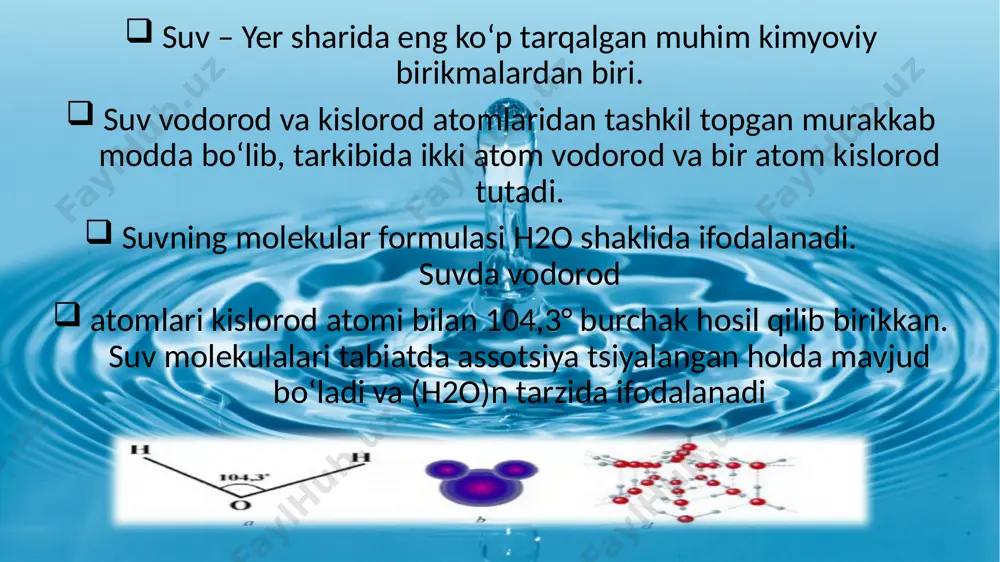 rd. km3 ga yaqin; muzliklarda (chuchuk suv) ......... 30 mln. km3 dan ortiq; daryo va ko‘llarda (chuchuk suv)... 2 mln. km3 ga yaqin; atmosferada (bug‘ holida).......... 14 ming km3 ; tuproq va minerallar tarkibida uchraydi. tirik organizmlarning to‘qimalarida, hujayralarida suv bo‘ladi. masalan, inson tanasining o‘rtacha 65% ini suv tashkil etadi. agar inson o‘z tanasidagi suvning 10–12% ini yo‘qotsa, halok bo‘lishi mumkin. suv o‘simliklar, hayvonlar va insonlar hayotida juda katta ahamiyatga ega. hayotning o‘zi, kelib chiqib rivojlanishi ham de ngiz suvi bilan bog‘liq. mouse (оригинал) - hayotiy faoliyatni ta’minlovchi o‘ziga xos termoregulator rolini bajaradi. sanoat asosan chuchuk suv bilan ishlashga moslashgan. ma’lumotlarga ko‘ra, har yili kishi boshiga o‘rtacha 8000 l suv ishlatiladi. bu qatorga xo‘jalik ehtiyojlari ham, qishloq xo‘jaligi va sanoat ehtiyojlari ham kiradi. chuchuk suvning 10 foizi uy ehtiyojlari uchun, qolgani qishloq xo‘jaligi va sanoat uchun sarflanadi. 1 kg qand olish uchun 400 l, 1 kg bug‘doy olish uchun 1500 …