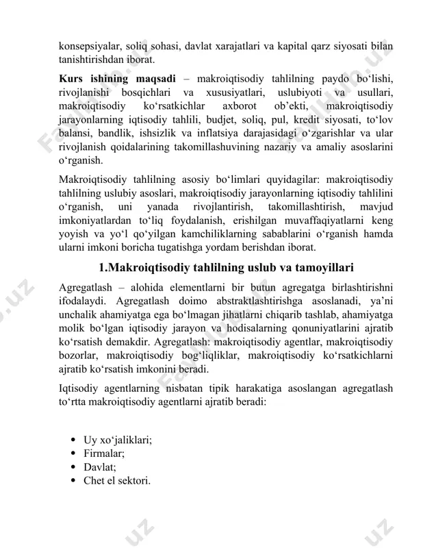 a boyliklar taqsimotiga, ishlab chiqaruvchilar va iste’molchilar faoliyatiga ta’sir etuvchi budjet, soliq, pul-kredit siyosatlari, to‘lov balansi va tashqi qarzni tahlil qilayotganda asosiy konsepsiyalar, soliq sohasi, davlat xarajatlari va kapital qarz siyosati bilan tanishtirishdan iborat. kurs ishining maqsadi – makroiqtisodiy tahlilning paydo bo‘lishi, rivojlanishi bosqichlari va xususiyatlari, uslubiyoti va usullari, makroiqtisodiy ko‘rsatkichlar axborot ob’ekti, makroiqtisodiy jarayonlarning iqtisodiy tahlili, budjet, soliq, pul, kredit siyosati, to‘lov balansi, bandlik, ishsizlik va inflatsiya darajasidagi o‘zgarishlar va ular rivojlanish qoidalarining takomillashuvining nazariy va amaliy asoslarini o‘rganish. makroiqtisodiy tahlilning asosiy bo‘limlari quyidagilar: makroiqtisodiy tahlilning uslubiy asoslari, makroiqtisodiy jarayonlarning iqtisodiy tahlilini o‘rganish, uni yanada rivojlantirish, takomillashtirish, mavjud imkoniyatlardan to‘liq foydalanish, erishilgan muvaffaqiyatlarni keng yoyish va yo‘l qo‘yilgan kamchiliklarning sabablarini o‘rganish hamda ularni imkoni boricha tugatishga yordam berishdan iborat. 1.makroiqtisodiy tahlilning uslub va tamoyillari agregatlash – alohida elementlarni bir butun agregatga birlashtirishni ifodalaydi. agregatlash doimo abstraktlashtirishga asoslanadi, ya’ni unchalik ahamiyatga ega bo‘lmagan jihatlarni chiqarib tashlab, ahamiyatga molik bo‘lgan iqtisodiy …