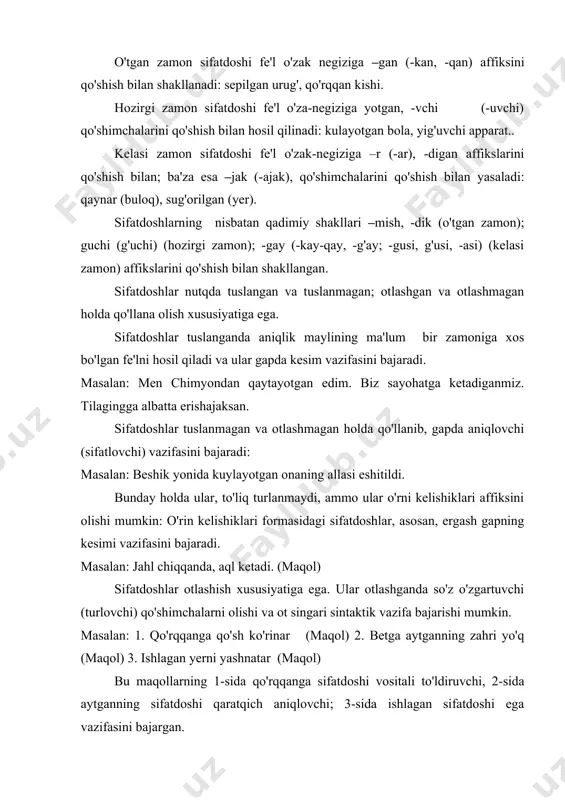 izlik nisbat kategoriyalarini saqlasa, unda hozirgi-kelasi zamon tushunchasi ifodalansa, boshqa fe'l formalari singari boshqarish xususiyatiga ega bo'lsa; ikkinchi tomondan, otga xos bo'lgan son, egalik, kelishik affikslarini olib, gapda ega to'ldiruvchi, qaratqich vazifasini, ko'makchilar bilan birga hol vazifasini bajaradi. masalan: 1. ёqimli taronani qayta tinglashga jazm etdi. 2. o'qimoq-ulg'aymoqdir (maqol) 3. olmoqning bermog'i bor (maqol) 4. o'z orzusiga erishish uchun magistraturaga kirdi. bu misollarning birinchisida tinglashga harakat nomi formasi vositali to'ldiruvchi, ikkinchisida o'qimoq, ulg'aymoq fe'l shakllari ega, kesim vazifalarini; uchinchisida olmoqning qaratqich aniqlovchi, bermog'i ega vazifasini; to'rtinchisida erishish harakat nomi formasi uchun ko'makchi bilan birga hol vazifasini bajargan. yuqoridagi misollar tarkibidagi harakat nomi formalari jo'nalish (1), bosh (2,3,4), qaratqich kelishiklari formasida qo'llangan. adabiyotlar ro'yxati 1. i.a.karimov. barkamol avlod-o'zbekiston taraqqiyotining poydevori. toshkent, 1997 yil 2. u.tursunov, n.muxtorov, sh.rahmatullayev. «hozirgi o'zbek adabiy tili» 1992 yil 3. a.abduazizov. «o'zbek tili fonologiyasi va morfologiyasi» toshkent, 1992 yil 4. s.rahimov, b.umurqulov, «hozirgi o'zbek-adabiy tili» toshkent, 2001 …