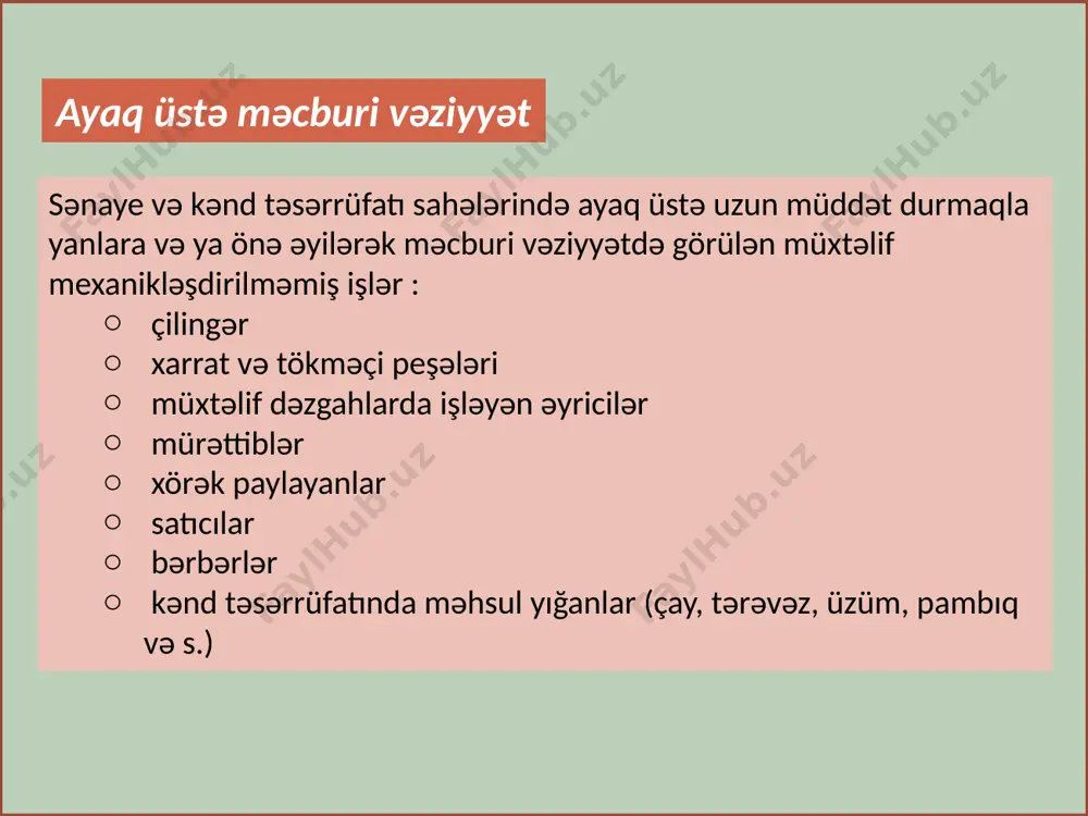 etodu: xüsusilə tozlu iş yerlərində tətbiq olunur. əməliyyat mühitinin nəmləndirilməsi ilə tozun iş otağında ətraf mühitə yayılmasının qarşısı alınır. bəzi iş yerlərində döşəmə, divarlar və texniki vasitələr tez-tez yuyulmalı və ya nəm parça ilə silinməlidir. havalandırma: i̇ş yeri və işin mahiyyətinə uyğun olaraq həyata keçirilməlidir. i̇ş yerinin planlaşdırılması. məsələn, virus infeksiyaları xəstəliklərinin müalicə üçün planlanan dispanserlər gün şüasının çox olduğu yerlərdə tikilməlidir və s. i̇ş yerində zaman-zaman analizlər aparmaq: qoruyucu tədbirlərin effektivliyini müəyyən etmək üçün zaman-zaman müxtəlif analizlər aparmaq lazımdır. peşə xəstəliklərinin xüsusi bir forması olub, istehsalatın əlverişsiz şəraitində kimyəvi maddələrin orqanizmə təsiri nəticəsində baş verir. peşə zəhərlənmələri və xəstəlikləri istehsalatın zərərli amillərinin orqanizmə birdəfəlik və ya qısa müddətdə güclü təsiri zamanı baş verən xəstəliklər kiçik və orta intensivlikli zərərli istehsalat amillərinin orqanizmə uzun müddətli təsiri peşə zəhərlənmələri kəskin xroniki beynəlxalq xərçəngi araşdırma agentliyinin hesabatlarına görə, bu günə qədər orqanizmdə xərçəng yaratdığı təsdiq olunan ən az 30 maddə ya da …