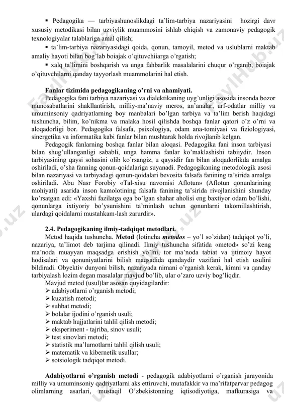 rivojlanishda nuqsoni bo’lgan bolalar rivojlanishining ruhiy-jismoniy xususiyatlarini, ularni tarbiyalash, o’qitish va shakllantirishdagi o’ziga xosliklarni hisobga olib ish ko’radigan pedagogika fani tarmog’i. pedagogika fanining dolzarb muammolari: 1. pedagogika fanini milliy pedagogika sifatida tarkib toptirish va uni jahon fanlari tizimida yuqori darajaga ko’tarish. 2. pedagogika fani milliy mafkura, kadrlar tayyorlash milliy modeli, taraqqiyotning «o’zbek modeli» talablari va ilg’or rivojlangan davlatlar ta’lim standartlari asosida innovatsion yondashuvlar bilan o’z metodologiyasi va yo’nalishlarini tubdan isloh qilish. 3. pedagogika fanidagi tadqiqot saviyasi va uning metodologiyasiga innovatsion tus berish, ulardagi sifat o’zgarishlari va samaradorlikni muntazam rayishda baholab borishga erishish. 4. pedagogik tadqiqotlarni olib borishda boshqa fanlarning ilg’or yutuqlaridan foydalanishga erishish, shaxsni bir butunlikda o’rganish va uni shakllantirish metodologiyasini yaratish. 5. «pedagogika fanlari tizim va tarkibini takomillashtirish, ijtimoiy pedagogika sohasida oila pedagogikasi, ma’naviyat-ma’rifat pedagogikasi alohida fan sifatida tarkib topishi. professional pedagogikada iqtidorli bolalarni tanlash va ularni o’qitish, maktab, litsey, kollej, malaka oshirish, oliy va xususiy o’quv yurtlari ta’lim-tarbiya …