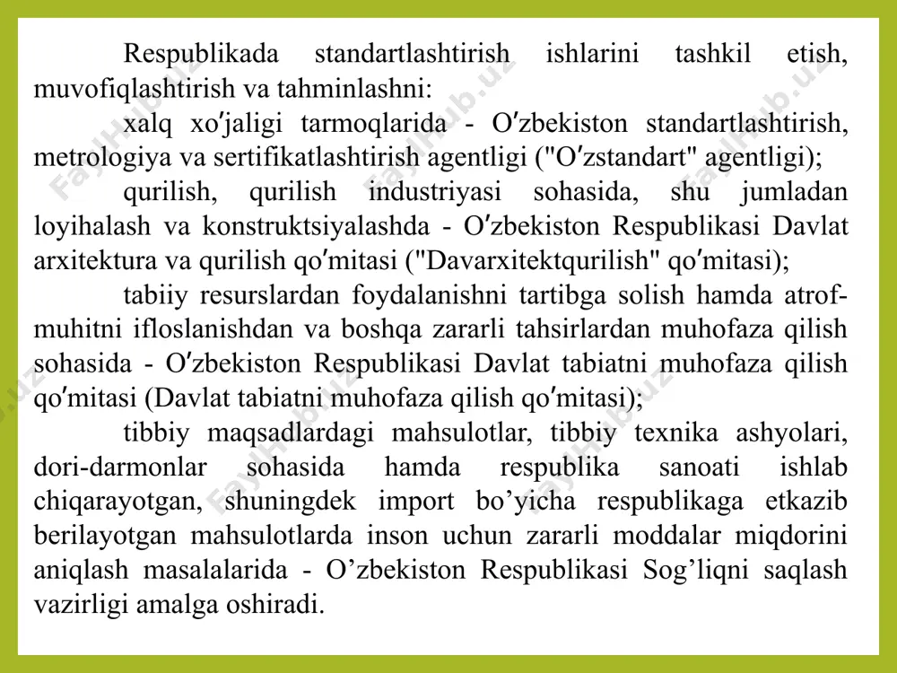 ering. 3. standartlarni nashr qilish va qayta nashr qilish. 4. standartlarning toifalari. 5. standartlashtirish bo‘yicha davlat nazorati organlari va obyektlari.