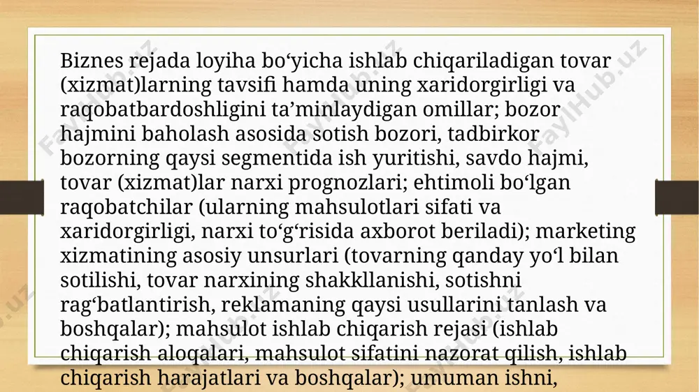 nday foyda keltiradi? yodingizda bo'lsin, imtiyozlar ham moddiy, ham moddiy bo'lishi mumkin; masalan, agar siz tozalovchi mahsulotni sotayotgan bo'lsangiz, mijozlar toza uyga ega bo'lishingizdan foyda ko'rishadi, lekin ular sog'lig'ingiz yaxshi bo'lishidan foyda olishlari mumkin. brainstorm, sizning maqsadli mijozlaringiz sizning marketing rejangizda eng yuqori baholaydigan afzalliklarga e'tibor berishni boshlash uchun imkon qadar ko'proq foyda keltiradi. etiboringiz uchun rahmat!!! image5.png image6.png image7.jpeg image8.jpeg image9.jpeg image10.bin image11.jpeg image3.png image4.png