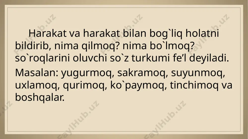 olatning bajarilish payti fe’l zamonlari deyiladi. zamonlar dastlab 3ga bo`linadi: o`tgan zamon: ishladi. hozirgi zamon: ishlayapti. kelasi zamon: ishlaydi. fe’l zamonlari hozirgi zamonga nisbatan, ya’ni nutq so`zlanib turgan paytga nisbatan olinadi. demak,nutq so`zlanib turgan paytda bajarilgan harakat-holat hozirgi zamon; nutq so`zlanib turgan paytdan oldin bajarilgan harakat-holat o`tgan zamon; nutq so`zlanib turgan paytdan keyin bajariladigan harakat-holat kelasi zamon deyiladi. o`tgan zamon fe`llarini o`z ichida quyidagi ma’no guruhlarini hosil qiladi: uzoq o`tgan zamon: harakat-holatni ancha ilgari bajarilganligini bildiradi,-gan(edi)qo`shimchasi orqali hosil qilinadi: u navoiy kitobini o`qigan(edi). yaqin o`tgan zamon harakat-holatni yaqinda bajarilganligini va so`zlovchining o`zi ko`rib guvoh bo`lganligin bildiradi: u navoiyning kitobini o`qidi. 3. o`tgan zamon maqsad fe’li: o`z oldiga maqsad qilib qo`yilgan, lekin bajarilmay qolgan harakat-holatni bildiradi,-moqchi qo`shimchasi orqali yasaladi: u “jaloliddin” filmini ko`rmoqchi edi. 4. o`tgan zamon hikoya fe`li: harakat-holatni birovdan eshitib bilganini yoki oldindan kutilganligini bildiradi,-(i)bdi orqali yuzaga keladi: “benom” farg`onaga kelibdi. hozirgi zamon quyidagi qo`shimchalar orqali hosil qilinadi: -yap(ti): …