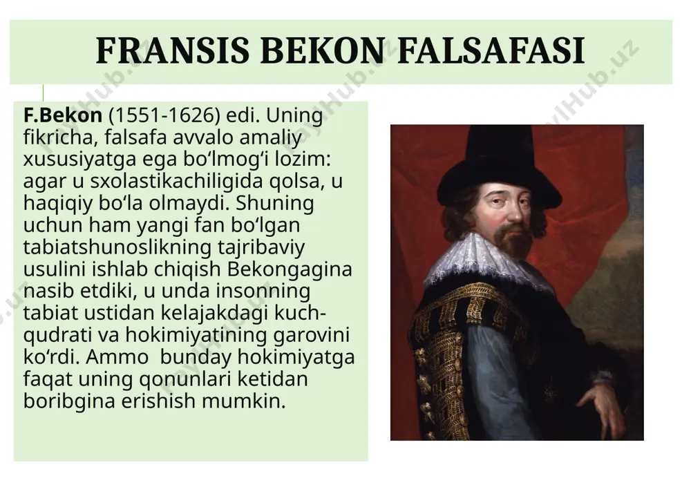 kondagi o‘rin almashishi sifatida qarab chiqdi, ya'ni mexanik sifatida, tabiatdagi barcha jismlarni nafaqat mexanizmga o‘xshatib, balki inson va jamiyatni ham unga monand qildi. gobbs falsafiy ta'limotining mexanistik ekanligi yana shu bilan ifodalanadiki, u o‘zining talqinida harakatni ikki jismning to‘qnashuvi natijasi sifatida ko‘rsatib, uni ilohiy birinchi turtki nazariyasiga (deizm) havola qildi. gobbsning ta'kidlashicha, barcha bilimlarga his-tuyg‘u yordamida erishib bo‘ladi, shu bilan birgalikda u o‘zining bilish nazariyasida aqlning muhim ahamiyatini, ayniqsa uning matematik amallarini ko‘rsatib o‘tdi. djon lokk falsafasi djon lokk ingliz falsafasida hissiy bilish (empirizm) ning vakilidir. u «tug‘ma g‘oyalar» mavjudligini rad etib, bizning barcha bilimlarimizni biz tajriba va hissiy bilishdan olishligimizni ta'kidlaydi. inson «sof lavha» sifatida tug‘iladiki, unga hayot o‘zining «yozuvlari»ni, ya'ni bilimlarni yozadi. dekart ratsionalizmiga qarama-qarshi ravishda, lokk bilishning birdan bir manbai hisdir (sensualizm) degan ta'limotni asosladiki, u bilimlarning barcha mazmunini his-tuyg‘u a'zolaridan keltirib chiqarib, uni hissiy bilishning unsurlarining jami hisoblar edi. «ilgari his-tuyg‘uda bo‘lmagan hyech narsa, aqlda ham …