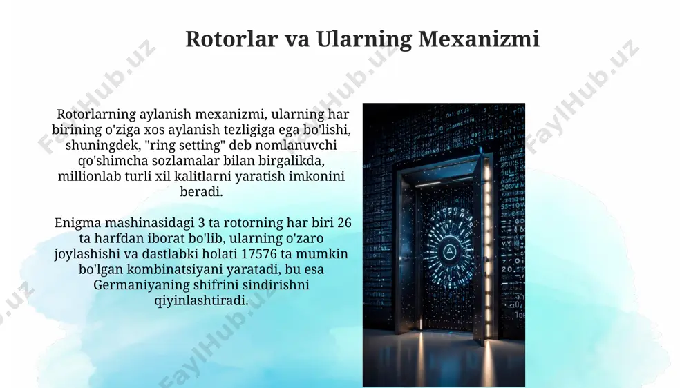 uzunligi bilan yuqori darajadagi shifrlashni ta'minlaydi va dunyo bo'ylab, shu jumladan o'zbekiston kabi davlatlarda, keng qo'llaniladi. enigma mashinasining xavfsizlik zaifliklari enigma mashinasining plugboard'i (qo'shimcha panellari) harflarning almashinuvini yanada murakkablashtirsa-da, bu almashinuvlarning statistik tahlillari orqali kriptoanalizchilar tomonidan aniqlanishi mumkin edi, bu esa ularga kalitlarni topishda yordam berdi. polsha matematiklarining 1932 yilda enigma mashinasining birinchi zaifliklarini aniqlashi va bomba mashinasini yaratishdagi muhim roli ikkinchi jahon urushida muhim rol o'ynagan. e'tiboringiz uchun rahmat @taqdimot_robot image2.jpg image3.jpg image4.jpg image5.jpg image6.jpg image7.jpg image8.jpg image9.jpg image10.jpg image11.jpg image12.jpg image13.jpg image14.jpg image15.jpg image16.jpg image17.jpg image1.png