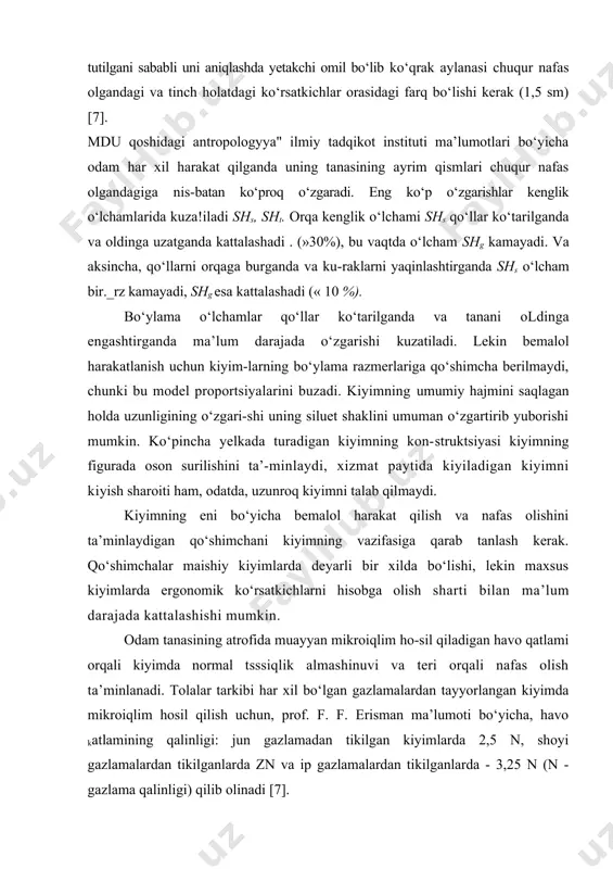 hlab chiqarish markaziy ilmiy tek-shirish institugining (niishp) tavsiyalari bo‘yicha ko‘krak aylanasiga texnik qo‘shimcha kiyimning xiliga bog‘liq holda ko‘rib chiqiladi, demak uning «qavatli-ligiga» ham bog‘liq. uytki kiyimlarda qo‘shimchaning qiymati: ayollar va qizlar jaketi uchun - 3 sm, kuzgi, bahorgi va yezgi palьtolar uchun - 4 sm qilnb olinadn. bel va bo‘ksa aylanalariga bemalollikka berila-digan texnik qo‘shimcha, bu parametrlarning o‘zgarishi chegaralangani va bu sohada harakat ko‘lami kamroq-ligi sababli, ularning qiymati ko‘krak aylanasiga be-riladigan qo‘shimchadan kamroq bo‘lishi kerak. bu qo‘shimchalarning amaliy nisbatlari quyidagicha: yopi-shib turadigan siluetli buyumlarda bel chizig‘iga beriladi-gan qo‘shimcha (0,5 — 0,75) pg va sal yopishib turadigan si-luetli buyumlarda (0,75 — 1) yag: yopishib turadigan yeiluet-larda — bo‘ksa chizig‘idagi qo‘shimcha 0,5 pg va sal yopishib turadigan siluetlarda — 0,75 /7g. to‘g‘ri siluetli buyum-larda pt va pb modelning hajmi va shakli bilan anikla-nadi. keltirilgan qo‘shimchalar ma’lum darajada shaklning silueti o‘zgarishiga muvofiq o‘zgaradi. ko‘krak chizig‘iga beriladigan qo‘shimchaning dekorativ - konstruktsh qismi p kostyum …