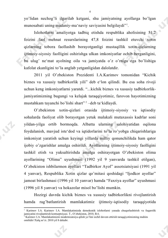 ton mustaqillik odimlari” risolasi, “taraqqiyot va hamkorlik yo’llarida” monografiyalarida ham tadbirkorlik faoliyati to’g’risida fikr bildirilgan1. mustaqillik davrida o’zbek tarixshunosligi yangi uslubiy tamoyillari asosida bitilgan va yangi sifat darajasiga ko’tarilgan asarlar bilan boyitib borildi. asar mualliflari mustaqil o’zbekistonda tadbirkorlik ishlari va ularni rivojlantirish jarayonlarini, tadbirkorlik tamoyillari va ishbilarmonlik imkoniyatlari munosabatlarini xolisona yoritdilar. mustaqillik yillarida yaratilgan bunday asarlar parpiev u, salomov i. bozor iqtisodiyoti asoslari va ishlab chiqarishni tashkil etish, rasulov a. bozor iqtisodiyoti asoslari, ғulomov s. menejment asoslari, tadbirkorlik va kichik biznes, yo’ldoshev q., muftaydinov, abdurahmonov a. iqtisod menejmenti, xodiev b., berkenov b., kravchenko a. biznes qiymatini baholash nomli asarlarida faqat qisman tadbirkorlik yo’nalishlarini ayrim muammolariga to’xtalib o’tganlar1. tadqiqotning maqsad va vazifasi: tadqiqot mavzusi va qo’yilgan masalaning dolzarbligidan kelib chiqib, ishning umumiy maqsadi o’zbekistonda tadbirkorlik faoliyati shakllantirish va rivojlantirish jarayonida o’zbekistonda “tadbirkor ayollar” uyushmasining tashkil topish va tarixiy ahamiyatini o’rganib, tahlil etishdan iborat. tadqiqotning aniq vazifalari quyidagicha belgilandi: -mustaqil o’zbekistonda tadbirkorlikni …