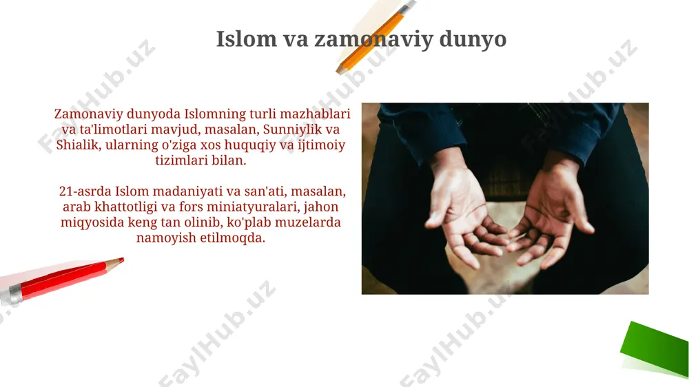sh majburiyati bo'lib, islom ta'limotlarida ijtimoiy adolatni ta'minlashga xizmat qiladi va saudiya arabistonida keng qo'llaniladi. islomning beshta ustuni, ya'ni shahodat, namoz, zakot, ro'za va haj, musulmonlarning hayot tarzini 5 ta asosiy tamoyil orqali tartibga soladi va butun dunyodagi 1,8 milliarddan ortiq musulmon uchun muhim ahamiyatga ega. e'tiboringiz uchun rahmat @taqdimot_robot image2.png image1.png image5.jpg image6.jpg image7.jpg image8.jpg image9.jpg image10.jpg image11.jpg image12.jpg image13.jpg image14.jpg image15.jpg