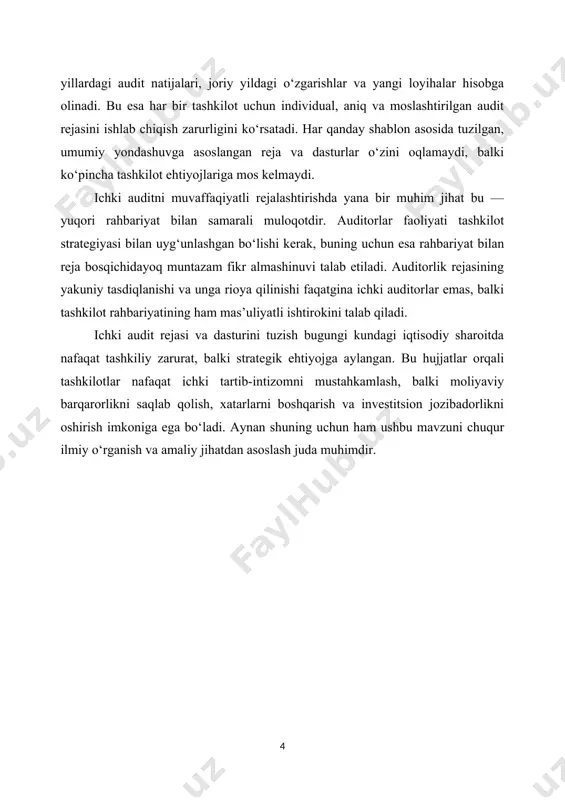 asi va dasturini tuzish bugungi kundagi iqtisodiy sharoitda nafaqat tashkiliy zarurat, balki strategik ehtiyojga aylangan. bu hujjatlar orqali tashkilotlar nafaqat ichki tartib-intizomni mustahkamlash, balki moliyaviy barqarorlikni saqlab qolish, xatarlarni boshqarish va investitsion jozibadorlikni oshirish imkoniga ega bo‘ladi. aynan shuning uchun ham ushbu mavzuni chuqur ilmiy o‘rganish va amaliy jihatdan asoslash juda muhimdir. i bob. ichki audit rejasi va dasturining nazariy asoslari 1.1. ichki audit tushunchasi va uning ahamiyati. ichki audit tushunchasi turli xalqaro va mahalliy manbalarda turlicha ta'riflanadi. xalqaro ichki auditorlar instituti (iia) ta'rifiga ko'ra, ichki audit - bu tashkilot faoliyatiga qiymat qo'shish va uni yaxshilashga qaratilgan mustaqil, ob'ektiv ishonch va maslahat berish faoliyatidir. u tashkilotga o'z maqsadlariga erishishda xatarlarni boshqarish, nazorat va boshqaruv jarayonlarining samaradorligini baholash va yaxshilashga tizimli va intizomli yondashish orqali yordam beradi. ushbu ta'rifning asosiy elementlari mustaqillik va ob'ektivlik, ishonch va maslahat faoliyati, qiymat qo'shish va operatsiyalarni yaxshilash, tashkilot maqsadlariga erishishga yordam berish, tizimli va intizomli …