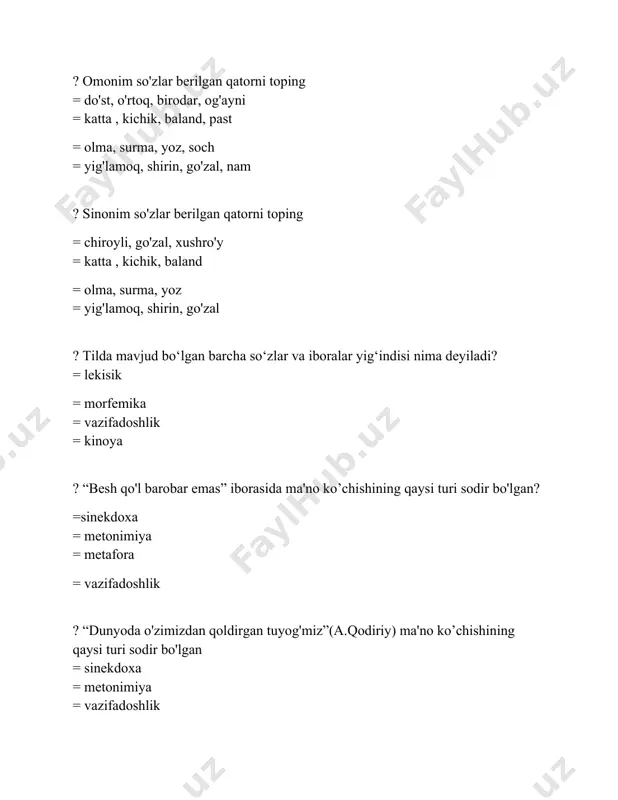 g? = og'izning ochilish darajasiga ko'ra barcha turiga mansub unlilar qatnashgan = faqat lablanmagan unlilar qo'llangan = lablar ishtirokiga ko'ra bir xil = faqat til oldi unlilar ishtirok etgan ? qaysi so'zlarning 2-bo'g'inidagi "u" tovushi 'i" tovushiga moyilroq talaffuz qilinadi? 1) qovun, sovuq 2) yulduz, yumush 3) bug'u, uyqu = 1,2,3 = 1,2 = 1,3 = 2,3 ? unlilar imlosida xatolikka yo'l qo'yilgan so'zlarni belgilang? 1) ta' qiqlash 2) afv 3) muomala 4)burushuq 5) talofat = 5 = 1,2,3,5 = 3 = 1,4 ? qaysi so'zda faqat lablangan unlilar ishtirok etgan? = echki = mo'jaz = chirmovuq =o'rdak ? chuqur til orqa, jarangsiz, sirg'aluvchi undosh qaysi? = g' = x = h = q ? "v" tovushiga to'g'ri izoh berilgan qatorni aniqlang? = lab-lab, portlovchi, jarangsiz undosh tovush = lab-tish, portlovchi, jarangli undosh tovush =til oldi, sirg'aluvchi, jarangli undosh tovush = lab-tish, sirg'aluvchi, jarangli undosh tovush ? qaysi so'zda hosil …