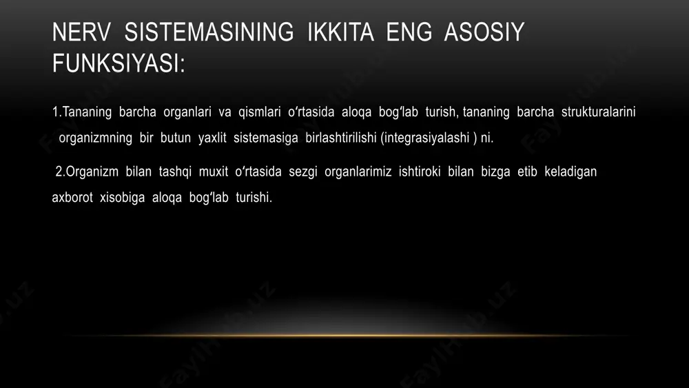 iz kelib turadi, bularda ximiyaviy tarkib, mexanik bosim, choʻzilish, harorat oʻzgarishlarini idrok etadigan sezuvchi nerv retseptorlari uchlari boʻladi. miyada organlarning funksiyalari va ish xolatlarini idora etadigan efferent impulslari shakllanadi. shunday qilib miyaning ishi xaddan ziyod, koʻp darajada axborot beruvchi impulslarni ma'nosini chaqish va uni boshqaruv impulslar uzatishdan iborat boʻladi. bunga ixtiyoriy (somatik harakat sistemasi) va ixtiyordan tashqari ishlaydigan silliq muskullar, yurak, bezlar funksiyalarini idora etib boradi. nerv sistemasi oliy funksiyalari – ong va tafakkur, xis-tuygʻu, instinktlar, xotira kabilar asosida ham shularning oʻzi yotadi. xozir nerv impulsini xosil boʻlishi va uning oʻtkazilishi molekulyar mexanizmlari, impulslarni sinapsdan oʻtish mexanizmlari jadal oʻrganilmoqda. nerv impulsi nerv impulsining elektr xususiyati va mexanizmi yaxshi oʻrganilgan. neyron aksoni membranasining nerv impulsini yuzaga chiaqruvchi asosiy moddasi natriy nasosi (na+, k+ -atf aza) va ionlarnir oʻtkazuvchi ikki xil kanal-natriy kanallari bilan kaliy kanallaridir. mana shu uchala moslamalarning har biri maxsus oqsillardan tuzilgan boʻlib, funksional jixtadan bir-biriga bogʻliqdir. natriy nasosi …