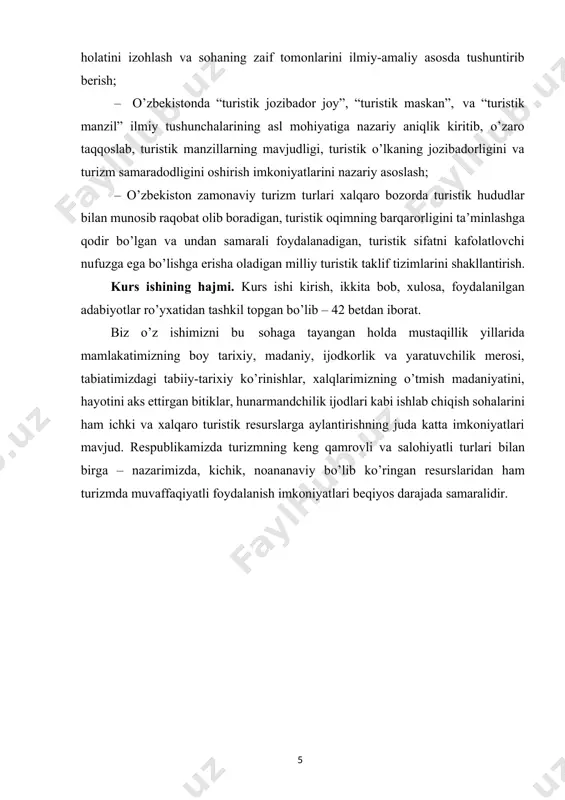 istik resurslarga aylantirishning juda katta imkoniyatlari mavjud. respublikamizda turizmning keng qamrovli va salohiyatli turlari bilan birga – nazarimizda, kichik, noananaviy bo’lib ko’ringan resurslaridan ham turizmda muvaffaqiyatli foydalanish imkoniyatlari beqiyos darajada samaralidir. i bob. sayohat maqsadlari va turizm turlarining nazariy asoslari 1.1. turistlarning sayohat maqsadlari sayohat va turizm (travel and tourism) - bir - biri bilan o`zaro bog`liq tushunchalar bo`lib, ular inson hayoti faoliyatining ma'lum bir tarzini ifodalaydi. bu - dam olish, aktiv (faol) yoki passiv (nofaol) ko`ngilocharlik, sport, atrof - muhitni anglash, savdo, fan, davolanish va boshqa ko`plab narsalarni qamrab oladi. biroq, bunda har safar sayohatni boshqa faoliyat turlaridan ajratib turuvchi o`ziga xos harakat - insonning vaqtinchalik boshqa joyga, mamlakatga, qit'aga borishi, uning doimiy yashash joyidan uzoqlashishi - mavjud bo`ladi. shuni aytish mumkinki, turizm-sayohatning yangi turi, uning alohida hodisasi. turizm aniq ifodolovchi tavsif va xususiyatga ega. sayohatning turizmdan asosiy farqi- bu aniq maqsadning mavjudligi. maqsad - bu muddao, murod ya’ni …
