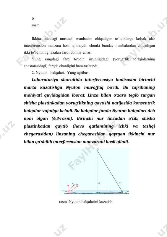 ‘un interferension manzara kuzatiladi. kogerent bo‘lmagan tebranishlar qo‘shilganda tebranishlar fazalarining farqi vaqtning funksiyasi bo‘ladi. agar fazalar farqi kuzatish vaqti davomida tartibsiz o‘zgarib tursa natijaviy intensivlik i intensivliklar yig‘indisi i=i1+i2 dan iborat bo‘ladi. bunday holda oddiy intensivliklarning qo‘shilishi amalga oshadi. lekin interferensiya kuzatilmaydi. shunday qilib, interferensiya faqat ikkita kogerent to‘lqinlar qo‘shilganda hosil bo‘ladi. kuzatish nuqtasida kogerent tebranish hosil qiladigan to‘lqinlar ham kogerent to‘lqinlar deb ataladi. ikkita alohida manba tebranishlari kogerent emas, bular ham qo‘shilganda interferension manzara bermaydi. yuqorida aytganimizdek t.yung bitta manbadan kelayotgan dastani ikkiga ajratish kerak, tirqishlar yordamida so‘ngra interferensiyani kuzatish kerakligini angladi. interferension sxemalarda shunday qilinadi. bunday xollarda ham interferension manzara yo‘qoladi; agar yo‘llar farqi ( kogerentlik uzunligidan katta bo‘lsa ( >s((koг: l - kogerentlik uzunligi vaqti, - kogerentlik vaqti. odatdagi manbalar uchun kogerentlik uzunligi bir necha santimetrdan ortmaydi. lazerlar uchun 1000 metr atrofida bo‘ladi. yorug‘likning monoxromatikligi nurlanish mexanizmi bilan bog‘liqdir. nurlanish cheksiz uzunlikga ega bo‘lgan monoxromatik to‘lqinning bir …