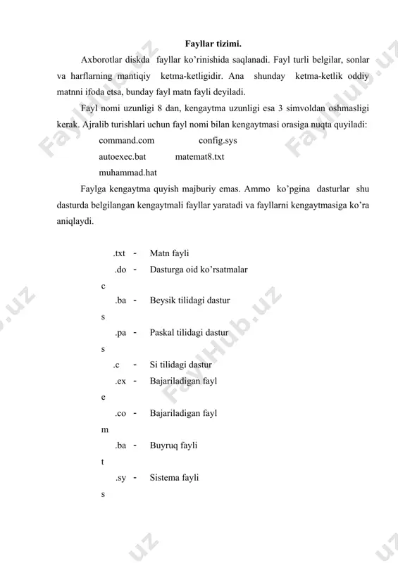 chiziq (g’ -baklash) belgisi bilan ifodalanadi. a:g’ (o’zak katalog) nc wd servmar command.com autoexec.bat config.sys uslub.txt (3.1 -rasm. a: nomli saqlagichdagi katalog va fayllar). bir katalogning ikki kism kataloglari bir xil nomlanishi mumkin emas. odatda kataloglarni nomlashda kengaytmalardan foydalanilmaydi. foydalanuvchi ish olib borayotgan katalog ishchi yoki joriy katalog deb nomlanadi. maxsus buyruq bo’lmasa, ms dos joriy katalog fayllari bilangina ish olib boradi. buyruqlar satridan katalog nomini kiritish bilan joriy katalogni uzgartirish mumkin. fayllar tizimini tashkil kilish, ishlash prinsipi. foydalanuvchi biror ichki bo’lmagan buyruq kiritsa, buyruq protsessori ana shu buyruqda nomi ko’rsatilgan dasturni (faylni) joriy bo’lgan disk va katalogdan axtaradi. axtaruv kengaytmasi vaт, som yoki yeхe bulgan fayllar orasidagina olib boriladi, ana shu sababli shunday kengaytmali fayllargina tezkor xotiraga yuklanishi va ishga tushishi mumkin. buyruqlarni kiritish satridan kengaytmasi o’zgacha yoki diskda mavjud bo’lmagan fayl nomi kiritilsa, ekranga quyidagicha xabar chiqadi: bad command or file name (fayl nomi yoki dasturdagi xatolik) fayllardan …
