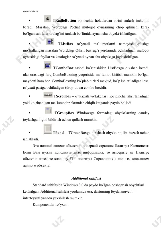 i. dialogs sahifasi dialogs sahifasida windowsning standart muloqot oynalarini chaqiruvchi komponentlar joylashgan. muloqot oynalarining tashqi ko`rinishi windowsning versiyasiga bog`liq bo`ladi. bu sahifadagi obyektlar dastur bajarilish vaqtida ko`rinmaydi va mos muloqoyt oynalarini dasturiy yo`l bilan chaqirish kerak, masalan: if opendialog1.execute then image1.picture.loadfromfile(opendialog1.filename); dialogs sahifasida windowsning muloqot oynalari komponentlari quyidagi tartibda joylashtirilgan: - opendialog; faylni tanlash - savedialog; fayl saqlash - fontdialog; shriftni sozlash - colordialog; rang tanlash - printdialog; chop qilish - printersetupdialog; printerni sozlash - finddialog; satrni qidirish- replacedialog; almashlab qidirish system sahifasi timer - taymer, ontimer vaziyati har safar interval xususiyatida ko`rsatilgan vaqtdan keyin bajariladi. vaqt oralig`i 1 dan 65535 msgacha bo`lishi mumkin. tpaintbox –chizish uchun joy. holatlar qayta ishlovchisiga tpaintboxdagi sichqonchaning mos koordinatalari qaytariladi tfilelistbox - maxsus listbox unda (directory xususiyatida) ko`rsatilgan katalogdagi fayllar ro`yxati chiqariladi. tdirectorylistbox - maxsus listbox unda joriy diskdagi kataloglar tuzilishi bilan tanishish mumkin. filelist xususiyatida tfilelistbox ko`rsatilsa,unda keyingi katalokka o`tilganda mos fayllar chiqariladi. …