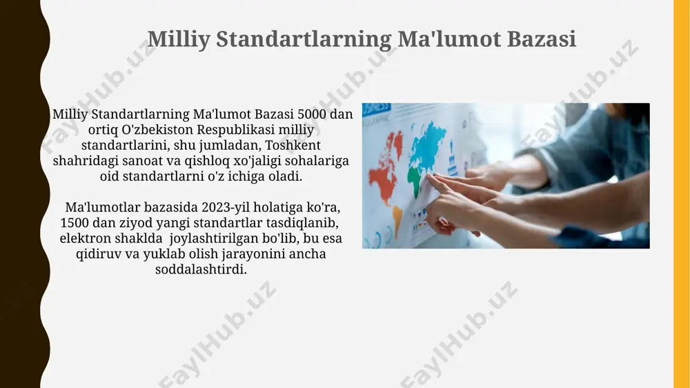 irish mumkin. o'zbekiston milliy standartlarini ishlab chiqish jarayoni "texnik reglamentlar to'g'risida"gi qonunga muvofiq, yangi milliy standartlarni ishlab chiqish va tasdiqlash jarayoni o'rtacha 6 oy davom etadi va 15 dan ortiq mutaxassisni jalb qiladi. o'zbekiston milliy standartlari agentligi tomonidan 2023-yilda 500 dan ortiq yangi standartlar ishlab chiqildi va tasdiqlandi, ularning 100 dan ortig'i toshkent shahrida joylashgan laboratoriyalarda sinovdan o'tkazildi. milliy standartlarni ishlab chiqish metodologiyasi 2024-yil holatiga ko'ra, 150 dan ortiq yangi milliy standartlar ishlab chiqilishi va tasdiqlanishi rejalashtirilgan, ularning aksariyati sanoat tarmoqlariga tegishli. standartlashtirish bo'yicha 3 ta asosiy hujjat, jumladan, davlat standartlari to'g'risidagi qonun va tegishli qo'llanmalar, ushbu jarayonga asos bo'lib xizmat qiladi. korxonalarda milliy standartlarni joriy etish 2023-yil holatiga ko'ra, toshkent shahridagi 500 dan ortiq korxonada o'zbekiston milliy standartlari to'liq joriy etilgan bo'lib, mahsulot sifatini 15% ga oshirishga yordam berdi. andijon viloyatida joylashgan 100 ga yaqin kichik va o'rta biznes korxonalarida milliy standartlarni joriy etish bo'yicha treninglar o'tkazildi va sertifikatlash …