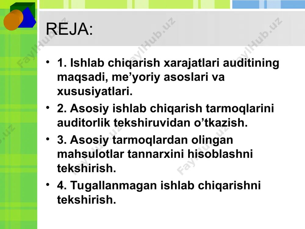 biiy kamayishini hisobdan o’chirishning to’g’riligi;quyidagi xarajatlarni mahsulot (ish, xizmat)lar tannarxiga qo’shishning to’g’riligi va asoslanganligi; ta’sis hujjatlariga muvofiq qo’shma korxonada ishlab chiqarishda bevosita ishlaydigan chet el fuqarolariga berilgan turar joylar va kommunal xizmatlar uchun to’lovlar; xizmat safarida va yo’lda bo’lgan vaqt, turar joy ijarasi, xizmat safari joyiga borib qaytish yo’l xarajatlari uchun tasdiqlangan me’yorlar doirasida, ishlab chiqarish faoliyati bilan bog’liq chet el xizmat safari xarajatlari. asosiy xarajatlar, ishlab chiqarishni tashkil etish va boshqarish xarajatlarining to’g’ri va asoslangan hamda me’yorlarga muvofiqligini tekshiriladi. mahsulot (ish, xizmat) larning rejadagi va hisobot kalkulyatsiyasining to’g’riligini xarajat moddalari bo’yicha tekshiriladi. natijada reja va haqiqiy tannarx o’rtasidagi tafovutlarni moddalar bo’yicha tahlil qilinib, tafovutlar sababi aniqlanadi. xom ashyo va materiallarni sarflashning to’g’riligi, baholar to’g’riligini tekshirish metodlari, mahsulot (ish, xizmat) birligiga to’g’ri keladigan sarf me’yoriga rioya qilinishi tekshiriladi. brak(yaroqsizlik)dan ko’rilgan yo’qotishlar va ishlab chiqarish xarajatlari schyotlarini yopishning to’g’riligini tekshirish. auditor shuni yaxshi bilishi zarurki, mahsulot(ish, xizmat)lar tannarxi buxgalteriya hisobida oddiy …