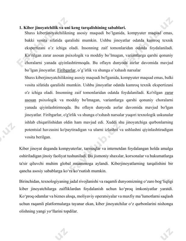 u ularni qo'lga olish va jinoiy javobgarlikka tortishni qiyinlashtiradi. kiber jinoyatning global tabiati xalqaro hamkorlik va muvofiqlashtirishni ham talab qiladi, bu murakkab va vaqt talab qilishi mumkin. xulosa qilib aytganda, kiber jinoyatlarning tarqalishini texnologiyaning jadal rivojlanishi, internetning anonimligi, moliyaviy motivatsiyalar, kiberxavfsizlikdan xabardorlikning yo‘qligi va kiber tahdidlarning o‘zgaruvchan tabiati bilan bog‘lash mumkin. bu omillarni bartaraf etish texnologik taraqqiyot, ta’lim, xalqaro hamkorlik va kiberxavfsizlik bo‘yicha mustahkam chora-tadbirlarni o‘z ichiga olgan ko‘p qirrali yondashuvni talab qiladi. bizga maʼlumki, xxi asr axborot texnologiyalari asri hisoblanadi. аmmo, bu hodisaga har doim ham ijobiy obʼektiv baho berish juda qiyin, chunki ijobiy va salbiy tomonlari mavjud. salbiy tomonlardan biri bu kiberjinoyatlarning kuchayishi xisoblanadi. bu bir yoki bir nechta shaxslar tomonidan oldindan til biriktirib yoki til biriktirmasdan sodir etiladigan qilmish. ushbu jinoyatlar asosan internet va raqamli texnologiyalar haqida keng bilimga ega boʼlgan shaxslar tomonidan oʼzlarining gʼaraz maqsadlariga erishish yoʼlida amalga oshiriladigan xatti harakatlar yigʼindisi hisoblanadi. internetning tarqalishi va …