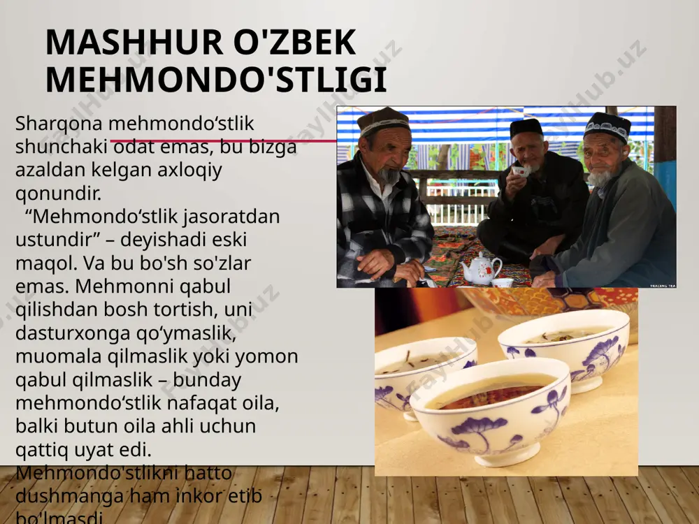 ardalar o‘rnatilgan “chivillik” o‘rnatilgan xonaga olib kirishdi, u yerda uning barcha mol-mulki va sepi keltirildi. hovlida ayollar daf chalib, to‘y qo‘shiqlarini kuylab, raqsga tushishdi. kechqurun, bu yangning xonasida kelin kuyovga va uning do'stlariga sovg'alar berdi. bu marosimdan keyin yanga barcha do'stlarini jo'natib yubordi va faqat kuyovni qoldirdi. endi kuyov yanga va boshqa ayollarga sovg'a yoki pul berib, chivillikka kiritdi va u erda kelin bilan yolg'iz qoldirdi, u erda nikoh to'shagi tayyorlanadi. eng qimmat sovg'a kelin uchun mo'ljallangan edi - bilaguzuk, uzuk, sirg'a va marjon. umumiy to'y: kelin yoki kuyovning uyida, restoranda, kafeda va hokazo. bunday to'ylar tez-tez o'tkaziladi, lekin hali ham to'y ikki kun davom etishi odatiy hol emas. birinchi kuni kelinning uyida kichik to‘y bo‘lib, “kiz bazmi” deb ataladi. ikkinchi kuni - kuyovning uyida katta to'y oqshomi o'tkaziladi va turli nomlarga ega: "tui bazmi" (to'y ziyofati), "muxhabat kechasi" (ishq oqshomi), "baht kechasi" (baxt kechasi). , oʻzbek toʻylari koʻpincha anʼanaviy …