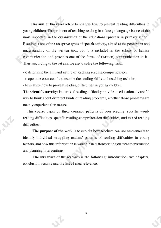 ing interventions. the structure of the research is the following: introduction, two chapters, conclusion, resume and the list of used references chapter1. the difficulties of reading among young learners 1.1. identifying common reading issues in young children we are often asked what are the common reading problems in children. this is an important question, because if you don’t understand where the difficulty is arising for a child in reading, it’s hard to settle on a reading solution to help your child. this article explains the most prevalent reading problems, the source of difficulty and solutions that can help. a parent may be the first person in a child’s life to recognize a reading problem. a parent’s observation is critical because some of the earliest signs that foreshadow a reading difficulty can be seen during preschool and kindergarten years[footnoteref:1]. difficulty manipulating sounds in words is one of the hallmark characteristics of …