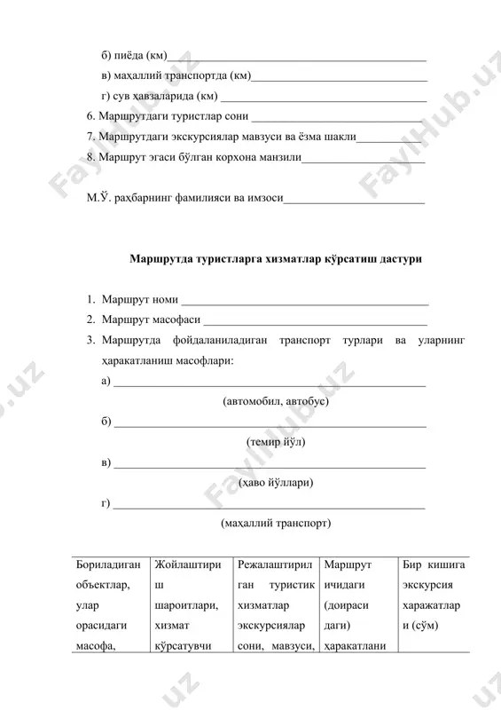 ектлар рўйхати, маршрут ичидаги (доираси даги) ҳаракатланиш тартиби бир кишига экскурсия харажатлари (сўм) 5. тунаш жойлари ва шароити (меҳмонхона, кемпинг, палатка) туристик ташкилот раҳбари м.ў. (имзо) тасдиқланган вақти «______» ______________200 й. намуна маршрутнинг мисолида хизматлар кўрсатиш дастурини ишлаб чиқиш тўғри бўлади. туристик ҳужжатлар. ҳар бир тур учун технологик ҳужжатлар йиғиндиси қуйидагилардан иборат бўлади: 1. маршрутда туристлар саёҳатнинг технологик харитаси (гост р 50681 - 94). 2. маршрутда хизматлар кўрсатувчи туристик корхоналарнинг буюртмаларни бажариш графиги. 3. туристик саёҳат йўлланмасига ахборот варақаси (гост р 50681 - 94). 4. ҳамкорлар билан шартномалар (меҳмонхона, транспорт, экскурсия бюролари, туристик ташкилотлар). 5. турнинг баҳоси (калькуляцияси). 6. маршрутнинг ёзма матни. 7. маршрутнинг ҳаракатланиш графиги. 8. маршрутнинг карта схемаси. 9. маршрут давомида (автобусда, йиғилишларда) бериладиган ахборотлар рўйхати, манбалари, мазмуни. 10. туристлар учун маслаҳат буклети (маршрутда қандай кийим ёки пойафзал керак бўлиши, маршрутдаги экскурсиялар вақтида нималар кераклиги ва ҳакозолар). 11. маршрут ҳақида маълумотлар тўплами. 12. маршрут ҳақида буклетлар, реклама вариантлари. …