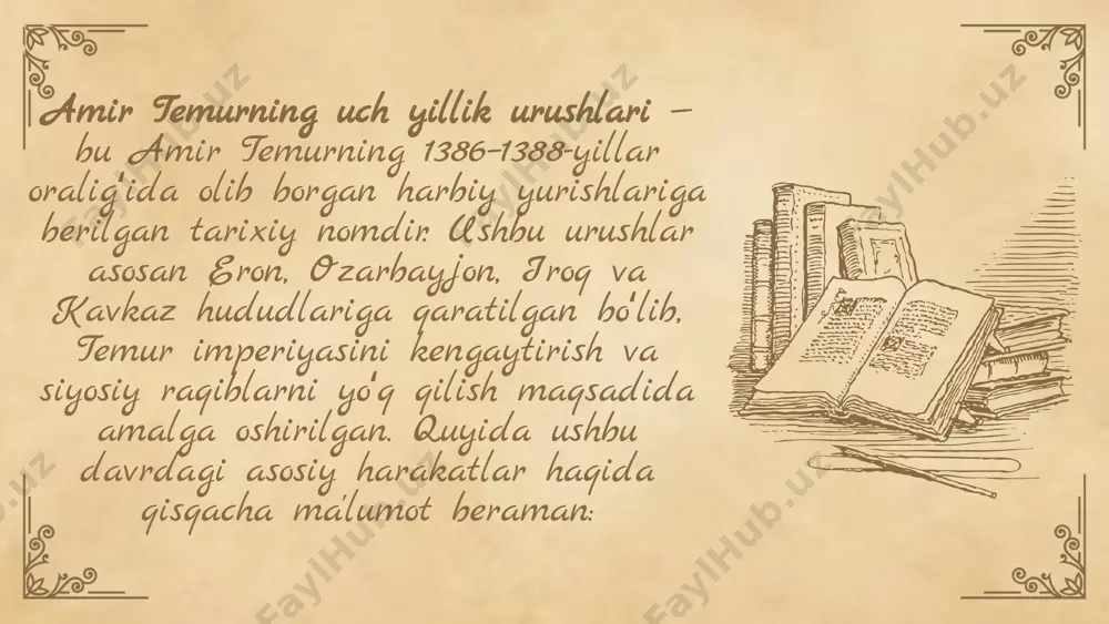 minladi. ijtimoiy ta'sir: aholi va madaniyatlar o'rtasidagi o'zaro ta'sir, xalqlar va madaniyatlarning ta'siri va madaniyatlararo aloqalar rivojlandi. siyosiy natijalar: imperiyaning kengayishi, yangi davlatlar va hududlar qo'shilishi, siyosiy kuchlarning mustahkamlanishi va markazlashtirilishi yuzaga keldi. 01 02 03 tarixiy ta'siri temuriylar davrining urushlari madaniy meros sifatida san'at va ilm-fan rivojiga katta ta'sir ko'rsatdi. bu davrda yaratilgan asarlar, arxitektura va ilmiy yutuqlar milliy identitetimizni shakllantirdi. zamonaviy o'zbekistonda esa, bu tarixiy davr milliy g'urur va madaniy boyliklar uchun muhim manba bo'lib qolmoqda. temuriylar urushlari o'z davrida va keyingi asrlarda davlat qurilishi, harbiy strategiyalar va diplomatiya sohalariga ta'sir ko'rsatdi. bu urushlar natijasida yirik imperiyalar tashkil etildi, va ularning amaliyotlari hozirgi zamonaviy harbiy va diplomatik tizimlarning asosini tashkil etdi. tarixiy ta'sirlar, shuningdek, milliy tarixiy xotira va madaniy meros sifatida ahamiyat kasb etadi. xulosa temurning urushlari iqtisodiy, siyosiy va madaniy sohalarda keng qamrovli ta'sir ko'rsatdi. hududiy nazorat, resurslar va harbiy kuchni oshirish uchun urushlar muhim rol o'ynadi. …