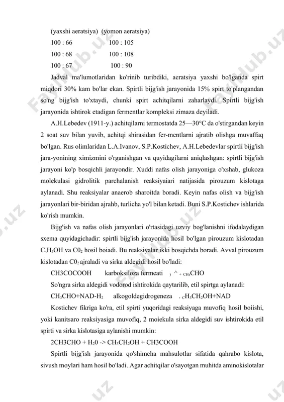 spirt to'plangandan so'ng bijg'ish to'xtaydi, chunki spirt achitqilarni zaharlaydi. spirtli bijg'ish jarayonida ishtirok etadigan fermentlar kompleksi zimaza deyiladi. a.h.lebedev (1911-y.) achitqilarni termostatda 25—30°c da o'stirgandan keyin 2 soat suv bilan yuvib, achitqi shirasidan fer-mentlarni ajratib olishga muvaffaq bo'lgan. rus olimlaridan l.a.ivanov, s.p.kostichev, a.h.lebedevlar spirtli bijg'ish jara-yonining ximizmini o'rganishgan va quyidagilarni aniqlashgan: spirtli bijg'ish jarayoni ko'p bosqichli jarayondir. xuddi nafas olish jarayoniga o'xshab, glukoza molekulasi gidrolitik parchalanish reaksiyaiari natijasida pirouzum kislotaga aylanadi. shu reaksiyalar anaerob sharoitda boradi. keyin nafas olish va bijg'ish jarayonlari bir-biridan ajrahb, turlicha yo'l bilan ketadi. buni s.p.kostichev ishlarida ko'rish mumkin. bijg'ish va nafas olish jarayonlari o'rtasidagi uzviy bog'lanishni ifodalaydigan sxema quyidagichadir: spirtli bijg'ish jarayonida hosil bo'lgan pirouzum kislotadan c,h5oh va c02 hosil boiadi. bu reaksiyalar ikki bosqichda boradi. avval pirouzum kislotadan c02 ajraladi va sirka aldegidi hosil bo'ladi: ch3cocooh karboksiloza fermeati ) ^ + снзсно so'ngra sirka aldegidi vodorod ishtirokida qaytarilib, etil spirtga aylanadi: ch3cho+nad-h2 alkogoldegidrogeneza . …
