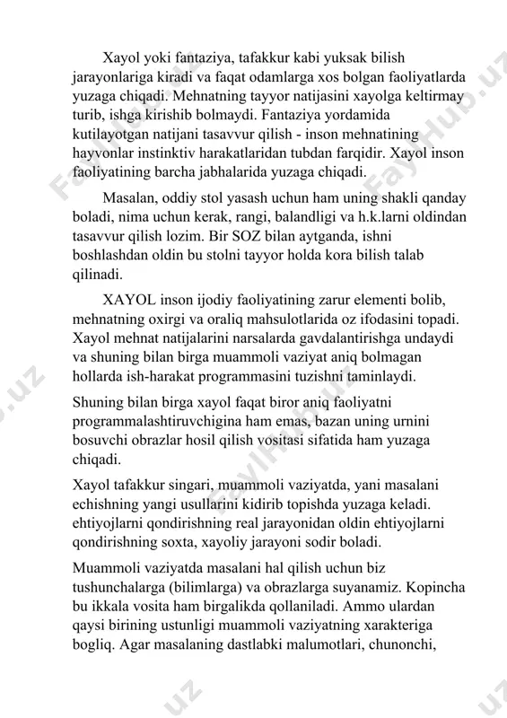 i malumotlari aniq bolsa, masalani echish yolining mohiyati koproq tafakkur qonunlariga tobe boladi. agar muammoli vaziyat kop jihatdan ozining noaniqligi bilan ajralib tursa, dastlabki malumotlarni aniq analiz qilish juda qiyin bo`lsa xayol mexanizmlari ishga tushadi hayol o’zining faolligi bilan atrofmuhitni o’zgartirishga yo’naltirilgan shaxsni ijodiy faoliyatining muhim sharti sifatida xizmat qiladi. hayol ong faoliyatidir. bu faoliyat ilgari biz idrok kilmagan, tajribamizda uchratilmagan narsa va xodisalarning obrazlarini mavjud tasavvurlarimiz asosida miyamizda yaratishda ifodalanadi. hayol xam aloxida psixik jarayon sifatida shaxsga narsa va xodisalarning moxiyati xususidagi tajribasi yoki bilimi yetishmagan sharoitlarda ruyo beradigan aks ettirish xodisasidir. demak, hayol-yangi obrazlar va taxminlarning shakllanishi jarayoni bo’lsa, unga yaqin bo’lgan yana bir tushincha-fantaziya-hayolning borlikdan, xakikatdan biroz uzoqlashuvi jarayonidir. hayol inson ijodiy faoliyatining zarur elementi bo’lib, mexnatning ozirgi va oraliq maxsulotlarida uz ifodasini topadi. hayol mexnat natijalarini narsalarga gavdalashtirishga undaydi va shuning bilan birga muammoli vaziyat aniq bo’lmagan xollarda ish harakat programmasini tuzishni ta’minlaydi. shuning bilan birga …