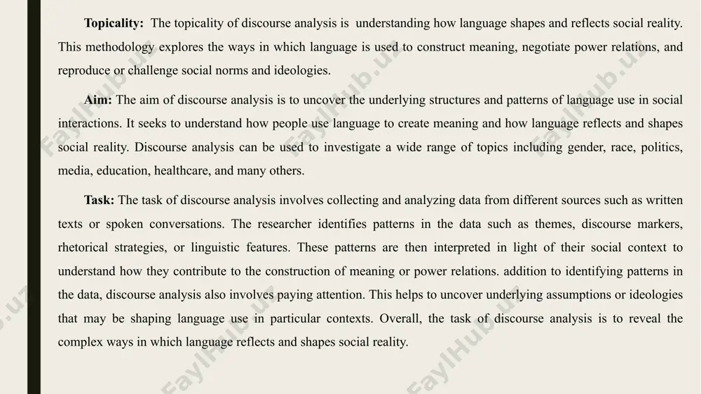 al contexts and to develop their communicative competence. it also helps teachers design effective language learning materials that reflect the authentic use of language in real-life situations. it is a methodological approach used in language teaching to study the use of language in communication. it involves analyzing the structure, organization, and functions of spoken or written discourse to understand how language is used to convey meaning and achieve communicative goals. this approach can be used to study various aspects of language use, including grammar, vocabulary, pragmatics, and discourse markers. history of discourse analysis development of discourse analysis discourse analysis has been in a foreign language teaching since 1970s. in early days discousre analysis in foreign language teaching was concerned with spoken discourse particularly in conversations in the 1980s discourse analysis became more widely used on foreign language teaching as researchers began to explore other types of written texts and articles …