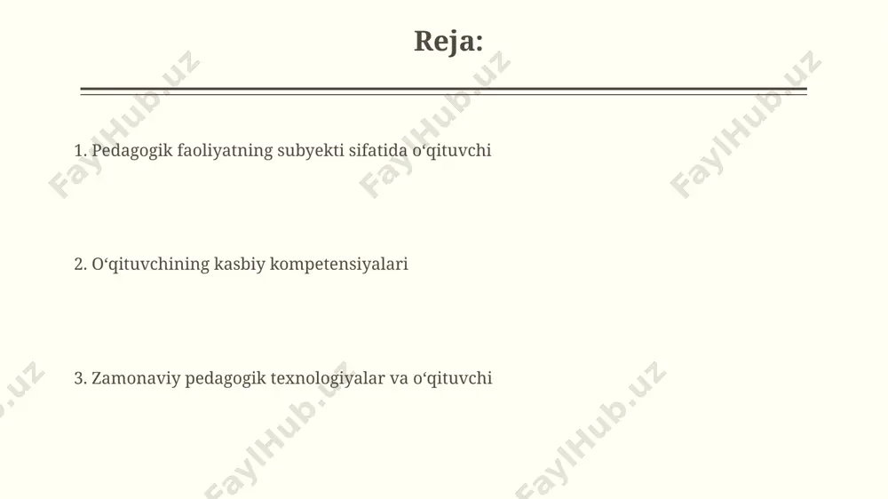 ining samaradorligini 20-30% ga oshirishi va salbiy munosabatlarga qaraganda 5 barobar yuqori natijalarga olib kelishi mumkin. o‘qituvchi va o‘quvchilar o‘rtasidagi samarali munosabatlar 3:1 nisbatida ijobiy munosabatlarga asoslangan holda, o‘quvchining 3 ta savoliga o‘qituvchi 1 ta savol bilan javob berishi orqali shakllanadi. o‘quv muhitini shakllantirishda o‘qituvchining hissa qo‘shishi o‘quv muhitini shakllantirishda o‘qituvchi 3 ta asosiy komponent: jismoniy, ijtimoiy-psixologik va intellektual muhitni hisobga olgan holda, talabalarning 70% faol ishtirokini ta’minlashga harakat qiladi. o‘qituvchi o‘quv jarayoniga 5 dan ortiq interfaol usul va texnologiyalarni qo‘llab, individual yondashuv asosida o‘quv muhitining samaradorligini 25% ga oshirishga erishadi. o‘qituvchining ijtimoiy mas’uliyati o‘qituvchining ijtimoiy mas’uliyati, 21-asr ko‘nikmalarini shakllantirishda, ya’ni muammolarni hal qilish, tanqidiy fikrlash va hamkorlik qilish kabi 5 ta asosiy ko‘nikmani rivojlantirishda muhim rol o‘ynaydi. pedagogik faoliyat doirasida o‘qituvchining ijtimoiy mas’uliyati, kamida 30% o‘quvchilarning jamiyatga moslashishi va ijtimoiy taraqqiyotga hissa qo‘shishi uchun ijtimoiy-madaniy kompetensiyalarni rivojlantirishni o‘z ichiga oladi. innovatsion pedagogik yondashuvlar differensial o'qitish va individual yondashuvni ta'minlash …