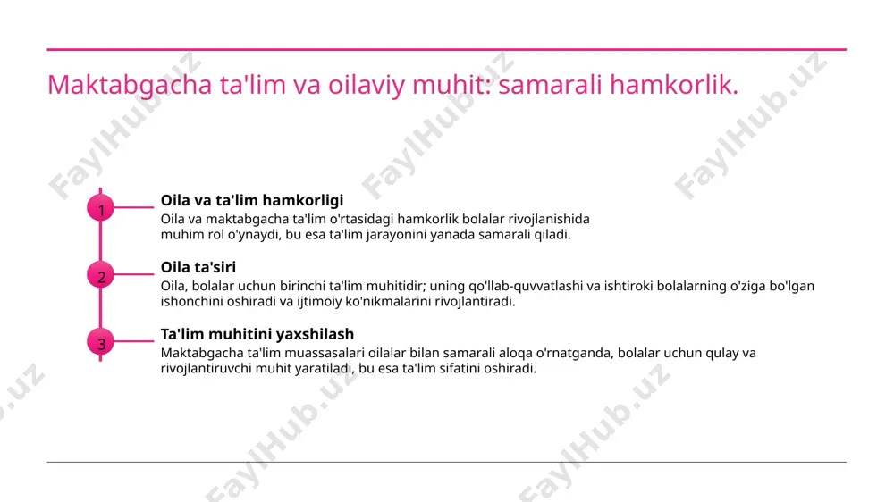 siy va intellektual o'sishini ta'minlaydi. 2 hamkorlikning foydalari oila va maktab o'rtasidagi samarali hamkorlik bolalarning muvaffaqiyatini oshiradi. bu, ta'lim jarayonida bir xil qiymatlarni yaratish va ularga yo'l ko'rsatishni o'z ichiga oladi. 3 madaniyat ta'siri madaniyat va an'analar, bolalarning ta'limida muhim ahamiyatga ega. maktabgacha ta'limda madaniy qadriyatlarni integratsiyalash, bolalarga to'g'ri yo'l ko'rsatadi va rivojlanishiga yordam beradi. foydalanilgan adabiyotlar 1. olimov a. oila va maktabgacha ta’limning ahamiyati. toshkent, 2021. 2. islomov b. bolalar rivojlanishida ta'lim roli. o'zbekiston respublikasi fanlar akademiyasi, 2020. 3. saidova m. madaniy ta'sir va o'qitish usullari. o'zbekiston respublikasi ta'lim vazirligi, 2022. 4. ergashov d. oila va ta'lim. o'zbekiston noshiy, 2019. 5. rasulov r. maktabgacha ta'lim tizimida oilaning o'rni. ta'lim va tarbiya, 2023. e'tiboringiz uchun rahmat! /docprops/thumbnail.jpeg