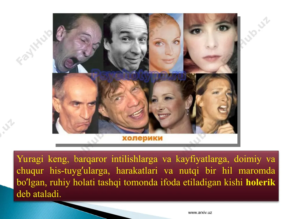 mentini faoliyatning ob'ektiv talablariga yaxshilab moslashtirishdan iboratdir. tevarak-atrofimizdagi hayot faktlari va hodisalarga bir hil odamlar tez va yengillik bilan, bir hillari shoshmasdan va qiyinchilik bilan, boshqalari esa sust va befarq bo’ladilar, yana bir hillari keskin g’ayratli, ayrimlari esa bir hil maromda va mulohazali bo’ladilar. temperament va xarakter odamning ijtimoiy munosabatlarida yaqqol namoyon bo’ladigan individni xususiyatlardir. temperament lotincha "aralashma' yoki qismlarning nisbati degan ma'noni temperament shaxsning hissiy qo’zg’aluvchanligi va umumiy harakatchanligi bilan sifatlanadigan individual xususiyatlar yig’indisi. temperament inson faoliyatida uning asab tizimi tipining namoyon bo’lishi. temperament his-tuyg’ularning paydo bo’lish tezligi va kuchida hamla kishining umumiy harakatchanligida namoyon bo’ladigan individual-psixologik xususiyatlarining majmuidir. temperamentga taalluqli individual dinamik xususiyatlarning asosiya belgilari: 1) temperamentning ayni bir hil xususiyatlari, huddi bir odamning o’zida faoliyatning har hil turlarida va har turli maqsadlarda namoyon bo’ladi; 2) temperamentning xususiyatlari odam hayotining butun davomida va ma'lum bir qismida barqaror va o’zgarmasdir; 3) mazkur odamdagi temperamentning turli xususiyatlari bir-biri bilan tasodifiy …