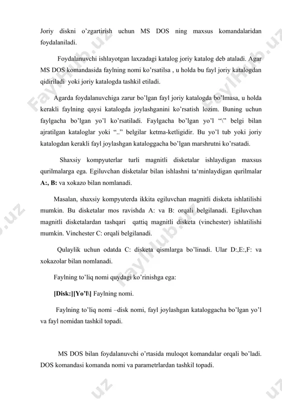 buyrugi md -yangi katalog tuzish ren -fayl nomini o’zgartirish rd -katalogni uo’chirish set -o’zgaruvchini belgilash time -joriy vaqtni ko’rish yoki o’zgartirish type -faylni ekranga chiqarish ver -msdos versiyasini ko’rsatish verify -diskka yozish jarayonini tekshirish holatini o’rnatish yoki voz kechish vol -formatlash jarayonida diskka quyilgan belgini ko’rish dos ning tashqi buyruqlari. attrib -fayl holatini ko’rsatish yoki o’zgartirish baskup -fayllarning arxiv nusxalarini yaratish command -ms dos protsessorini ishga tushirish diskcomp -disklarni solishtirish format -disklarni formatlash graphics -ekrandagi tasvir nusxasini bosmaga tayorlash help -dos buyruqlari haqida ma‘lumot olish mirror -fayllarni uo’chirishni nazorat qilish sys -tizim fayllarini ishga tushirish undelete -uo’chirilgan fayllarni tiklash unformat -formatlangan diskni qayta tiklash yuqorida yozilgan komandalardan foydalanishga bir necha misollar keltiramiz. matnli faylni tashkil etish uchun copy con komandasi kiritiladi va fayl satrlari klaviaturadan kiritiladi. har bir satr [enter] bilan tugatiladi. oxirgi satr esa yozilgandan keyin, [f6], [enter] bilan matn xotiraga olinadi va matn terish tugatiladi. natijada ekranda quyidagi …