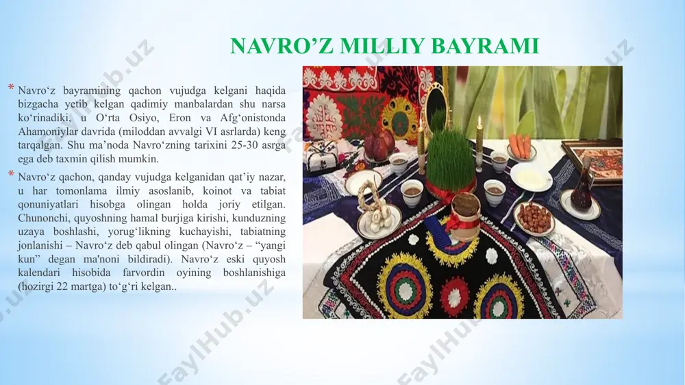 ehson tashkilotlari – mehribonlik uylari bolalari, urush va mehnat faxriylari, yolg’iz keksalar huzuriga tashrif buyurib, ularni qutlab, sovg‘a- salomlar ulashadi. navroʻz — yashnash, yasharish bayrami, tabiatning uygʻonishi bilan bogʻliq yangi kunning boshlanishidir. abu rayhon beruniyning “qadimgi xalqlardan qolgan yodgorliklar”, mahmud qoshgʻariyning “devonu lugʻotit-turk”, firdavsiyning “shohnoma”, umar hayyomning “navroʻznoma”, abu bakr narshaxiyning “buxoro tarixi” asarlarida keltirilgan tarixiy maʼlumotlarga murojaat qiladigan boʻlsak, navroʻz bayramining 3 ming yildan oshiq tarixga ega ekanligiga guvoh boʻlamiz. bu oʻrinda navroʻz bayramining paydo boʻlishi quyoshning hamal burjiga kirishi, tun va kunning tenglashuvi, kunduzning uzaya boshlashi kabi qator tabiat qonuniyatlari bilan bogʻliq. bu esa mazkur bayram chuqur ilmiy asoslarga ham ega ekanligini koʻrsatadi. navroʻz bayrami – yangilanish fasli nafaqat oʻzbekistonda, balki, afgʻoniston, albaniya, bahrayn, eron, hindiston, iroq, livan, ozarbayjon, pokiston, qirgʻiziston, qozogʻiston, suriya, tojikiston, turkiya, turkmaniston kabi davlatlarda ham keng nishonlanadi eʼtiboringiz uchun rahmat image1.jpeg image2.jpeg image3.jpeg image4.png image5.jpeg image6.png image7.png image8.png image9.png image10.png /docprops/thumbnail.jpeg