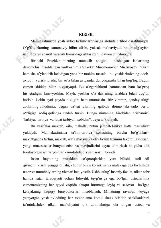 tlariga asoslangan ilg’or pedagogik texnologiyalar, o’quv dasturlari va o’quv uslubiy materiallarini keng joriy qilish, o’quv pedagogik faoliyatiga, master-klasslar o’tkazishga, malaka oshirish kurslariga xorijiy hamkor ta’lim muassasalaridan yuqori malakali o’qituvchilar va olimlarni faol jalb qilish, ularning bazasida tizimli asosda respublikamiz oliy ta’lim muassasalari magistrant, yosh o’qituvchi va ilmiy xodimlarning stajirovka o’tashlarini, professor-o’qituvchilarni qayta tayyorlash va malakasini oshirishni tashkil qilish”. shunday qilib, ushbu kurs ishimda koordinatalar sistemasini almashtirish to’g’risidagi bilim va amaliy ko’nikmalarni chuqurlashtirishni maqsad qilib qo’yganman . shu maqsadda ushbu kurs ishida koordinatalarni topish, ularni hisoblash, ikki nuqta orasidagi masofani topish, ularni analitik usulda yechimini topish haqida so’z yuritiladi. so’ngra, koordinatalar qatnashgan masalalarni geometrik talqini, ya’ni grafigini chizish va undan foydalanish to’g’risida tahlil qilinadi. albatda bu kurs ishim oliy ta’lim tizimida dekart koordinatalar sistemasini hisoblashda yordam beradi degan umiddaman. bu maqsadni amalga oshirish uchun quyidagi vazifalar bajarildi: -umumiy o‘rta ta’lim maktabi “algebra” kursida dekart koordinatalar sistemasini o‘rganishga tayyorgarlik davridagi amalga oshirilgan …