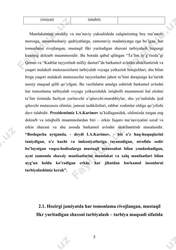 ’layotgan voqea-hodisalarga mustaqil munosabat bilan yondashadigan, ayni zamonda shaxsiy manfaatlarini mamlakat va xalq manfaatlari bilan uyg’un holda ko’radigan erkin, har jihatdan barkamol insonlarni tarbiyalashimiz kerak”. 2.1. hozirgi jamiyatda har tomonlama rivojlangan, mustaqil fikr yuritadigan shaxsni tarbiyalash – tarbiya maqsadi sifatida yoshlarga har tomonlama puxta ta'lim-tarbiya bеrish, shu bilan birga milliy mеntalitеtni tiklashga qaratilgan milliy istiqlol mafkurasining mazmuni milliy turmush tarzimiz, xalqimizning qadim an'analari, ma'naviy axloqiy qadriyatlarimizni aks ettiradi. milliy istiqlol mafkurasi: o’zbеkiston rеspublikasi konstitutsiyasi, milliy va umuminsoniy qadriyatlar, dеmokratiya tamoyillariga asoslanadi; xalqimizning asrlar davomida shakllangan yuksak ma'naviyati, an'ana va udumlari, ulug’ bobokalonlarimizning o’lmas mеrosidan oziqlanadi; adolat va xaqiqat, erkinlik va mustaqillik g’oyalari hamda xalqimizning ishonch va e'tiqodini aks ettiradi; yurt tinchligi, vatan ravnaqi va xalq farovonligini ta'minlashga xizmat qiladi;jamiyat a'zolarini, aholining barcha qatlamlarini o’zbеkistonning buyuk kеlajagini yaratishga safarbar etadi; millati, tili va dinidan qat'iy nazar mamlakatimizning har bir fuqarosi qalbida ona vatanga muhabbat, mustaqillik g’oyalariga sadoqat va o’zaro hurmat tuyg’usini …