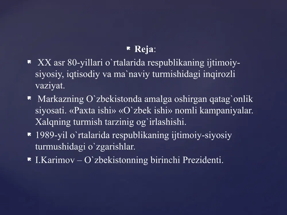 lan hisoblashib o’tirmay odamlarni qamash bilan shug’ullandi. ming-minglab iqtidorli, rahbarlik mahoratini puxta egallagan rahbar kadrlar, paxtakorlar, ter to’kib mehnat qilgan halol kishilar qamoqqa olindi. hibsga olingan respublika partiya va davlat organlarining rahbarlari esa moskva qamoqxonalariga tashlandi. орол денгизининг қуриши инсоният тарихидаги дунёнинг энг йирик экологик фожиаларидан бири бўлди. саҳрога айланган денгиз тубидаги тузлар, қум-чанг ва заҳарли ўғитлар инсонлар ҳаёти ва табиатни хавф остига қўйган. tergov xodimlari 30-yillarda ishlatilgan yaramas usullardan foydalanib, hibsga olinganlarni qiynab, boshqalar ustidan to’qilgan aybnomalarni ularning qo’li bilan qaytadan yozdirib olardi va bu «aybnoma» tobora ko’p begunoh odamlarni qamashga asos bo’lib qolardi. 25 mingga yaqin kishi qiynoq ostiga olinib, so’roq qilindi. 4,5 mingdan ko’proq kishi sud qilinib, turli muddatlarga ozodlikdan mahrum etildi 7 o’zbekistonda «o’zbeklar ishi», «paxta ishi» deb atalgan jinoiy ishlar to’qib chiqarildi. moskvadan yuborilgan gdlyan va ivanov guruhi o’zbekistonning boshiga tushgan kulfat bo’ldi. guruh a’zolari hech kim bilan hisoblashib o’tirmay odamlarni qamash bilan shug’ullandi. oddiy …