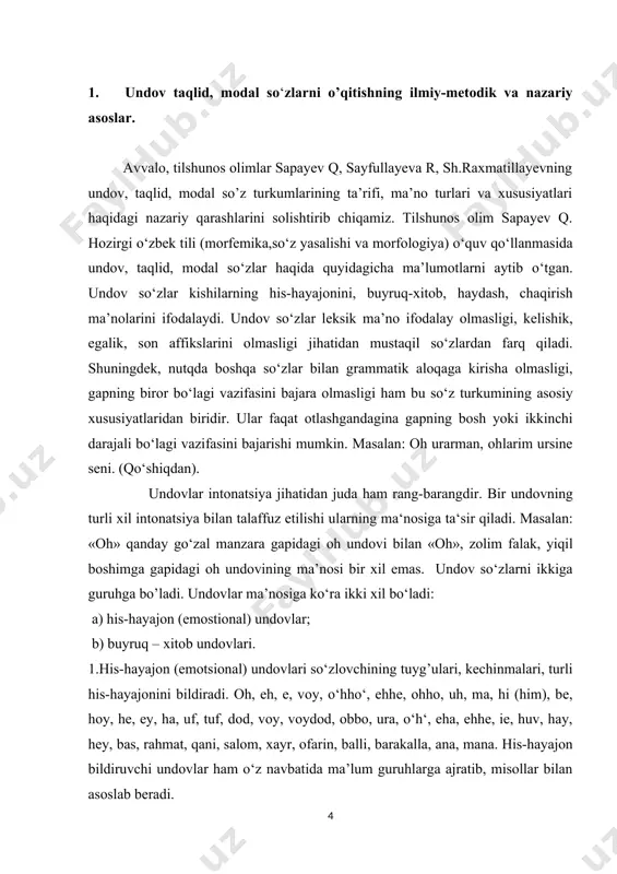 kеldingiz. (uyg’un) olima sayfullayeva r., tadqiqotida taqlid so‘zlarni ot, sifat, son, ravish, olmosh, fe’l so‘z turkumlari kabi mustaqil ma’no anglatishini aytib o‘tadi. “o‘zbek tilshunosligida so‘z-gapning mohiyati, turlari, ularning leksik materiali tavsifi, qo‘llanish xususiyati empirik asosda yetarlicha o‘rganilgan. substantsial yondashuvda gapning eng kichik qurilish qolipi sifatida e'tirof etilgach, ziddiyatli, izohtalab nuqtalarga ega bo‘lgan so‘z-gapga ham «lison-nutq» tamoyili asosida yondashish zaruriyati paydo bo‘ldi va har bir gapning o‘z qolipi mavjud bo’lgani kabi, so’z-gapning ham o’ziga xos muayyan bir lisoniy qurilish modeli bo‘lishi shartligi e'tirof etildi”,-deb aytib o‘tadi. tilshunos olim sh.raxmatillayev esa undov deb, avvalo, kishining hishayajonini bevosita ifodalaydigan tovush birliklariga aytiladi: oh, eh, uh, uf, e, be, voy, a, o, iye, he, hah, ehha, o‘hho‘, voy dod kabi. ba’zi undovlar aniq bir hishayajonni ifodalashga xoslangan bo‘ladi. masalan, be undovi rozi bo‘lmaslik, qo‘shilmaslik kabi hishayajonni ifodalaydi. tinglovchining diqqatini tortish uchun ishlatiladigan hoy undovi ishlatiladi. ko‘pchilik undovlar esa har xil ohang bilan aytilib, turli …