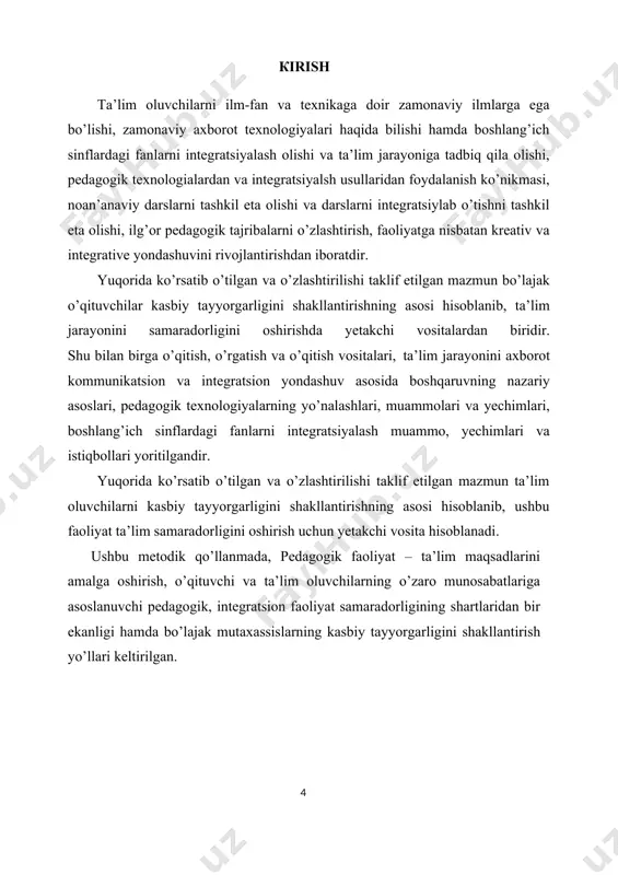 tika (ta’ lim nazariyasi) va tarbiya nazariyasi fanning muhim tarkibiy qismlari hisoblanadi. didaktika (ta’lim nazariyasi, yunoncha didaktikos «o‘rgatuvchi», didasko «o‘rganuvchi») ta’limning nazariy jihatlari, ta’lim jarayonining mohiyati, qonun va qonuniyatlari, tamoyillari,o‘qituvchi va o‘qituvchi faoliyati, ta’limning maqsadi, mazmuni, shakl, metod, vositalari, natijasi, ta’lim jarayonini takomillashtirish yo‘llari kabi masalalarni tadqiq etadi. tarbiya nazariyasi - pedagogikaning muhim tarkibiy qismlaridan biri bo‘lib, tarbiya jarayonining mazmuni, tarbiya turlari, shakl, metod, vosita va usullari, uni tashkil etish masalalarini o‘rganadi. ijtimoiy tarbiya fuqarolik, aqliy, axloqiy, jismoniy, mehnat, estetik, huquqiy, iqtisodiy, ekologik tarbiya kabi yo‘nalishlarda tashkil etiladi. pedagogika fanining ob’yekti - yaxlit pedagogik jarayon. pedagogika fanining predmeti - ta’lim-tarbiya jarayoni, mazmuni, qonuniyatlari, tamoyillari, shakl, metod va vositalari. pedagogika fanining vazifalari. pedagogika fani shaxsni shakllantirishdek ijtimoiy buyurtmani bajarish asosida jamiyat taraqqiyotini ta’minlashga alohida hissa qo‘shadi. pedagogika fani maqsadi va vazifalarining belgilanishida ijtimoiy munosabatlar mazmuni, davlat va jamiyat rivojlanish strategiyasi, uning hayotida yetakchi o‘rin tutuvchi g‘oyalar mohiyati muhim ahamiyatga ega. o‘zbekiston …