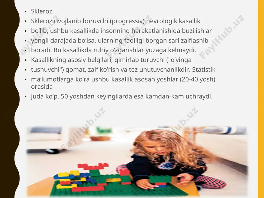 , umta’lim tizimida o’qitishda sinfni moslashtirish bo’yicha quyidagilar tavsiya etiladi: 1.harakatlanshida muammosi bo’lgan bola o’tirganda boshi va gavdasini to’g’ri tutishi uchun maxsus o’rindikdarning mavjud bo’lishi yoki o’rindikdarni bu bolaga moslashtirish; 2. o’qituvchi va tengdoshlari bolani tushuna olishlari uchun muloqat taxtalari (masalan, rasmli yoki turli ramziy belgilardan tashkil topgan taxtalar)dan foydalanish; 3. bola sinfda harakatlana olishi uchun sinf xonasining devorlari yoniga yordamchi vositalar qo’yish (masalan, yog’ochdan tirgagichli "yo’lakcha"lar yasash); 4. agar bola aravacha o’tirsa sinfxona partasini imkon qadar harakatlanishida muammosi bo’lgan bolaning aravachasi uchun moslashtirish. tayanch harakat a’zolarida muammolari bo’lgan bolalar nutqining o’ziga xosligi va olib boriladigan korreksion ishlar tayanch harakat a’zolarida muammolari bo’lgan bolalarning ko’pchiligida ayniqsa bolalar serebral falajida turli xildaga nutq nuqsonlari uchraydi. eng ko’p uchraydigan nutq nuqsonlaridan biri dizartriya deb ataladi. dizartriya-nutqning markaziy asab tizimi (bosh miyadagi nutq markazlari)ning jarohatlanishi natijasida kelib chiqadigan nutq nuqsoni. dizartriya uchun markaziy hamda pereferik nerv sistemasining organik kasalliklari natijasida nutqiy organlar mushaklari …
