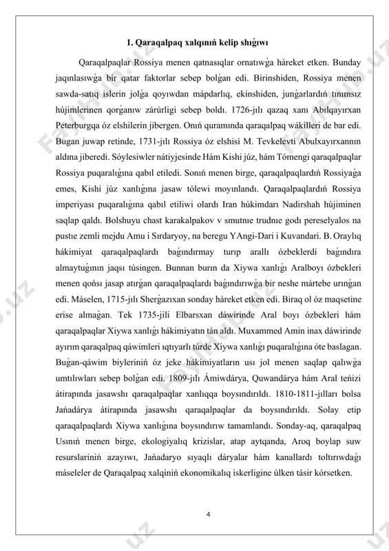 r ámelge asırılıp atır. 2. qaraqalpaqlardıń jańadárya boyına ornalasıwı jańadaryo boyı : geografiyalıq hám tariyxıy kontekst jańadaryo boyı - ózbekstannıń qubla -batıs bóleginde jaylasqan, qaraqalpaqstan respublikasınıń tábiyiy jáne social tárepten áhmiyetli aymaǵı esaplanadı. jańadaryo, tiykarlanıp, amudarya dáryasınıń qońsılas bóleginde jaylasqan, jáne bul aymaq eginshilik ushın qolay bolıp, tariyxıy tárepten agrar jámiyetlerdiń rawajlanıwına xızmet etken. qaraqalpaqlardıń kelip shıǵıwı qaraqalpaq xalqiniń tariyxıy túbirleri eramızǵa shekemgi dáwirlerge barıp taqaladı. olardıń kelip shıǵıwı túrli etnik toparlardıń aralasıwınan kelip shıqqan bolıwı múmkin. qaraqalpaqlardıń etnik quramı arasında turkiy, mongol hám basqa kóplegen xalıqlar bar. qaraqalpaqlardıń qáliplesiwi hám rawajlanıwı tiykarlanıp ózbekstannıń qubla-batısında jaylasqan aymaqlarda, atap aytqanda, sirdaryo hám amudarya háwizlerinde ámelge asqan. bul aymaqlarda qáwimlik sistemalar ornatılıp, túrleraro óz-ara baylanıslar hám kelisimler arqalı bir neshe qáwimler birlesip, qaraqalpaq xalqini shólkemlesken.jańadaryo boyına kirip keliwi hám jaylasıwı qaraqalpaqlar ózleriniń tariyxıy júriwleri dawamında, tiykarlanıp 16 -17 ásirlerde, jańadaryo boyına kóship kelgen. jańadaryo boyı sol dáwirde erisiw ushın júdá qolay bolǵan …