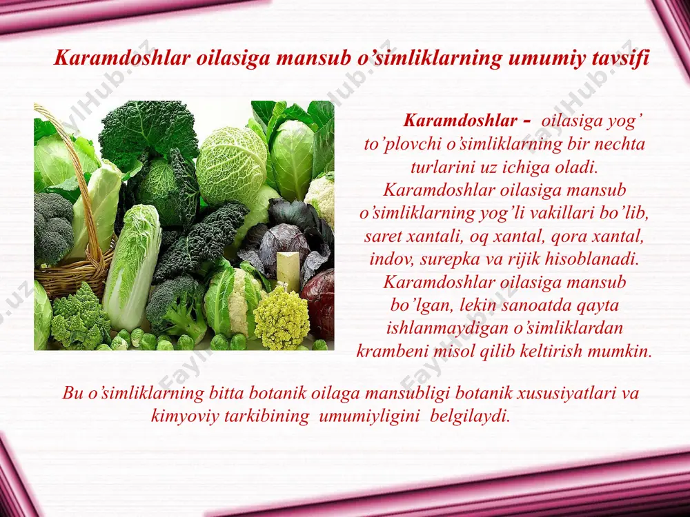 osiyo xalqlariga eramizdan 4 ming yil oldin ma’lum edi. urta yer dengizi xalqlariga xxi asrning boshida keltirilgan. sanoat xom ashyosi sifatida indov kuzgi va baxorgi turlarga bo’linadi. indov yog’i tarkibida neytral lipidar 92,9%, fosfatidilxolinlar – 0,8; fosfatidiletanolaminlar – 0,6; monogalaktozildiatsilglitserollar – 0,7; digalaktozildiatsilglitserollar – 1,3% ni tashkil qiladi. indovning eruksiz navlari urug’lari tarkibida (% da): 42,3-44,8 lipidlar; 23,2-24,9 – oqsil (nx6,25); 8,8-9,3 – sellyuloza; 5,3-3,7 –kul; 2,2-3,6 – tioglikozidlar kiradi. indovning eruksiz navlari oqsil kompleksini (% da): albuminlar – 48,32-61,62; globo’linlar – 23,04-30,04; glyutelinlar – 10,03-16,17; erimaydigan oqsillar – 18,31-43,22 tashkil qiladi. surepka (brassica campestris) surepkaning tuzilishi va xossalari. surepka (brassica campestris) indovning turlaridan biri bo‘lib, tarkibi va boshqa xossalari bilan indov urug’iga o’xshaydi. surepka yangi madaniylashtirilgan o’simliklardan hisoblanadi. u eronda zig’ir bilan birga ekilgan. bu o’simlik afg’oniston, shimoliy xindiston va xitoyda yetishtiriladi. surepka urug’lari yumaloq, yonlari pachoq ko’rinishga ega. urug’lar bo’yi 1,5-2,0 mm, 1000 ta urug’ massasi 1,8-2 g. …
