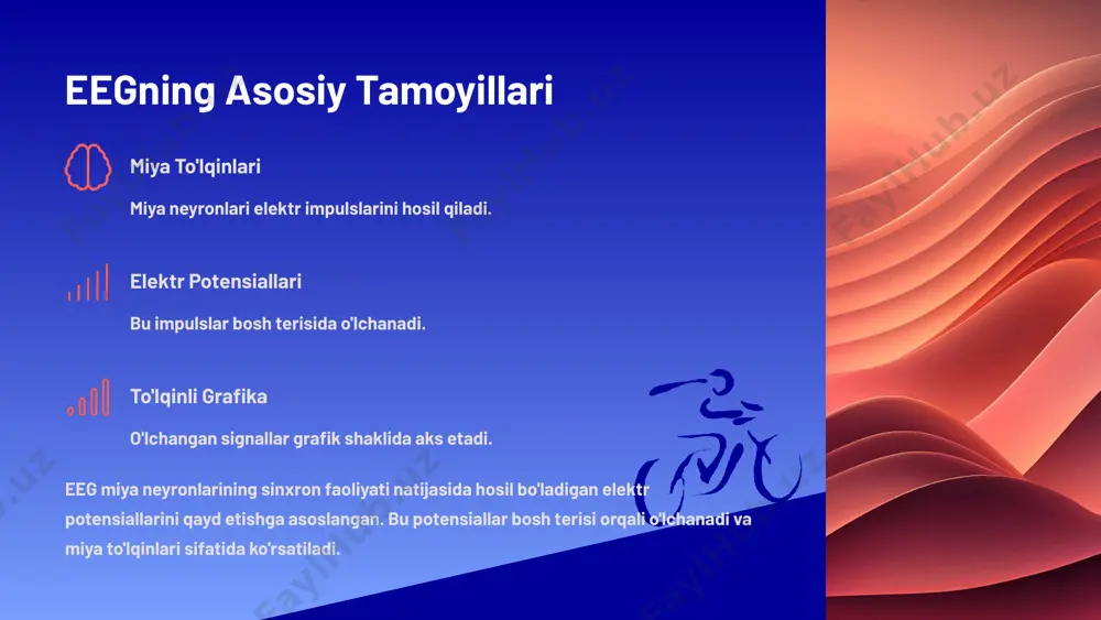 sh uyg'oqlik alfa va beta to'lqinlar uyqu delta va teta to'lqinlar stress yuqori chastotali beta to'lqinlar eeg turli holatlardagi miya faoliyatini o'rganishda muhim vositadir. uyg'oqlik, uyqu fazalari va stress kabi holatlarda miya to'lqinlarining o'zgarishini aniqlashga yordam beradi. eeg bilan epilepsiyani diagnostika qilish anormal faoliyat epilepsiya uchun xos bo'lgan to'lqinlar aniqlanadi. konvulsiv to'lqinlar xurujlar paytida o'ziga xos o'zgarishlar. to'g'ri tashxis bemorga tegishli davo usulini tanlash. eeg epilepsiyani diagnostika qilishda oltin standart hisoblanadi. u miyadagi anormal elektr faoliyatini, jumladan, konvulsiv to'lqinlarni aniqlash orqali to'g'ri tashxis qo'yish va davolash rejasini tuzishga yordam beradi. miya o'smalari va patologiyalar anormal to'lqinlar o'smalar miya faoliyatini o'zgartiradi. lokalizatsiya patologiya joylashuvini aniqlaydi. erta diagnostika davo samaradorligini oshiradi. eeg miya o'smalari va boshqa nevrologik patologiyalarni aniqlashda yordam beradi. patologik o'zgarishlar miya to'lqinlarining anormal ritmlari yoki lokalizatsiyalangan sekin to'lqinlar sifatida namoyon bo'ladi, bu esa ertagi diagnostikaga imkon beradi. kognitiv faoliyat tadqiqotlari xotira miya to'lqinlari xotira shakllanishida ishtirok etadi. diqqat diqqatni …